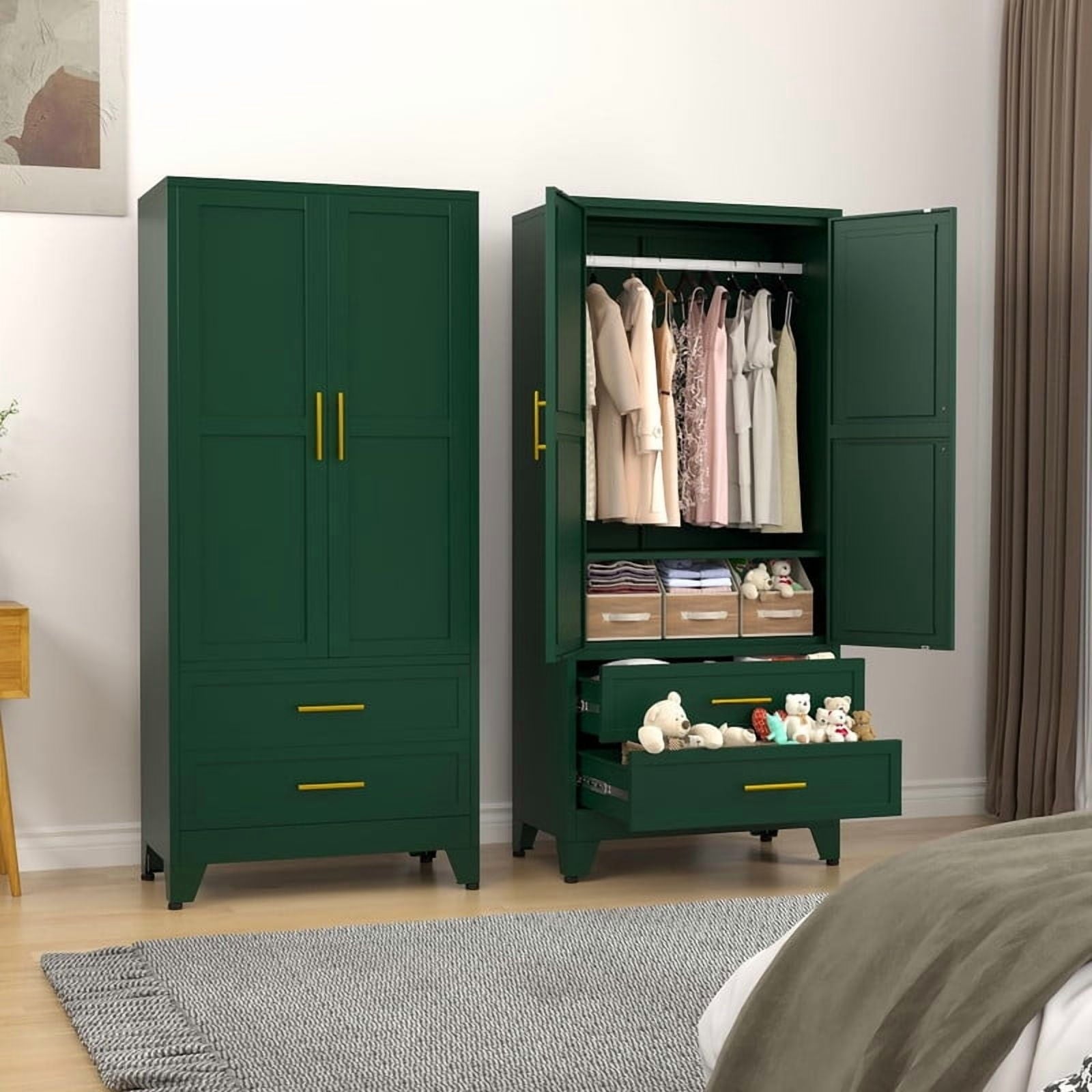 EROSOEI Metal Freestanding Armoire Wardrobe Clost With Hanging Rod and Drawers