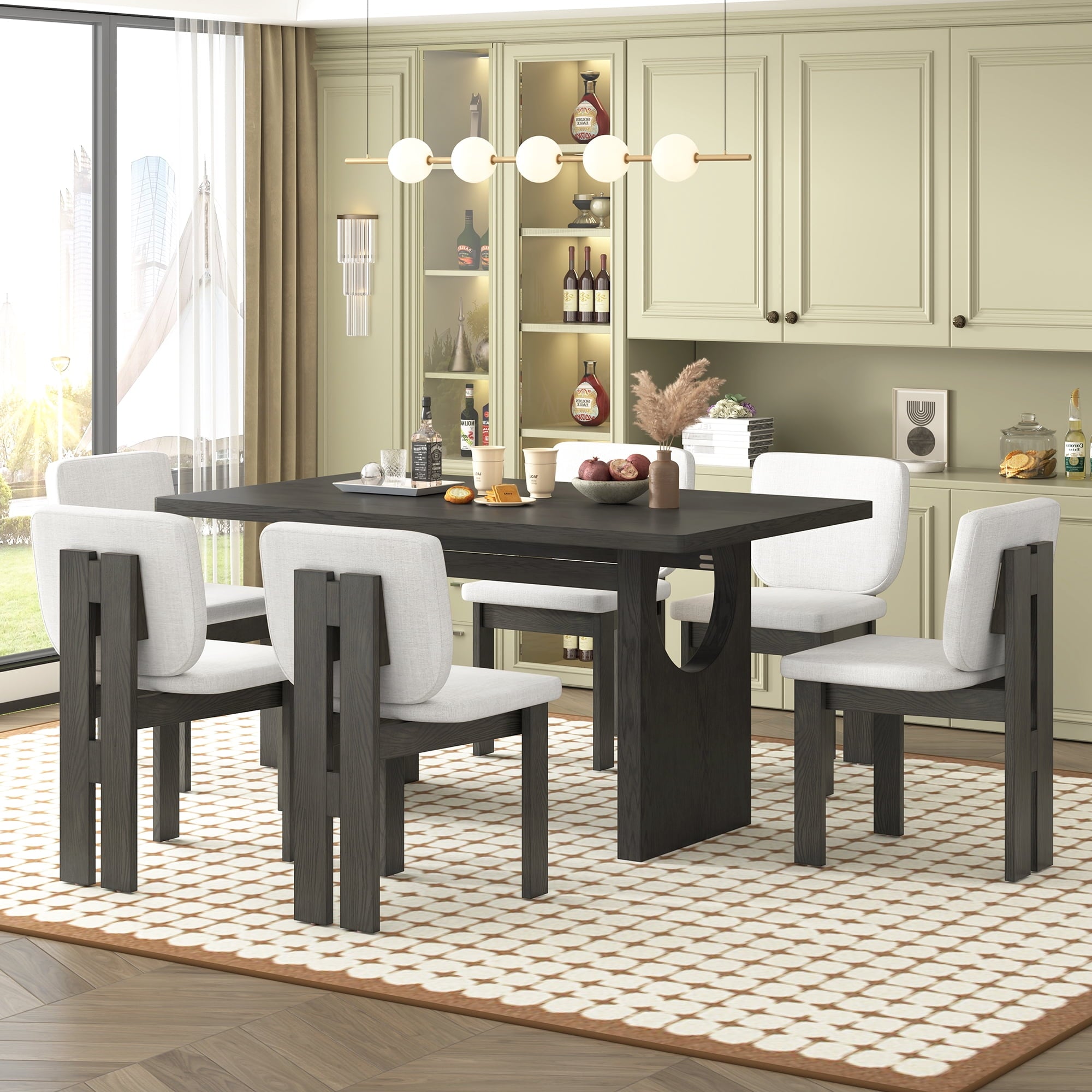 Euroco 7-Piece Dining Table Set for 6, 59 Kitchen Table Set with 6 Upholstered Chairs and Wooden Frame,Retro Dining Set for Kitchen Dining Room, Natural