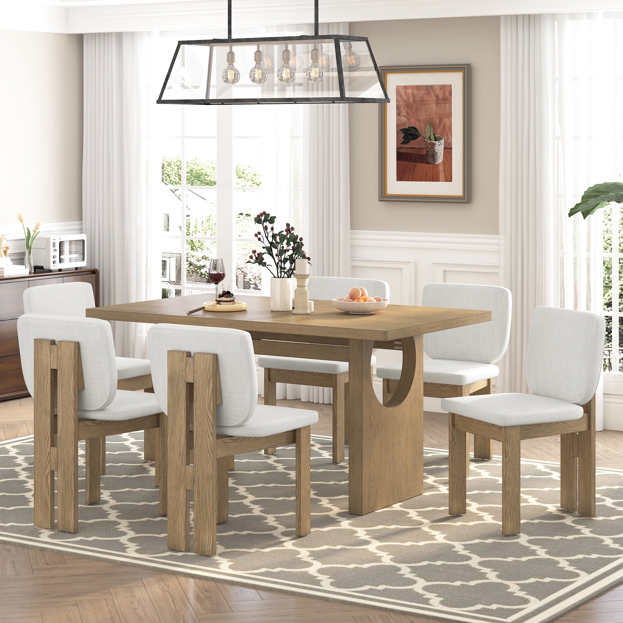 Euroco 7-Piece Dining Table Set for 6, 59 Kitchen Table Set with 6 Upholstered Chairs and Wooden Frame,Retro Dining Set for Kitchen Dining Room, Natural