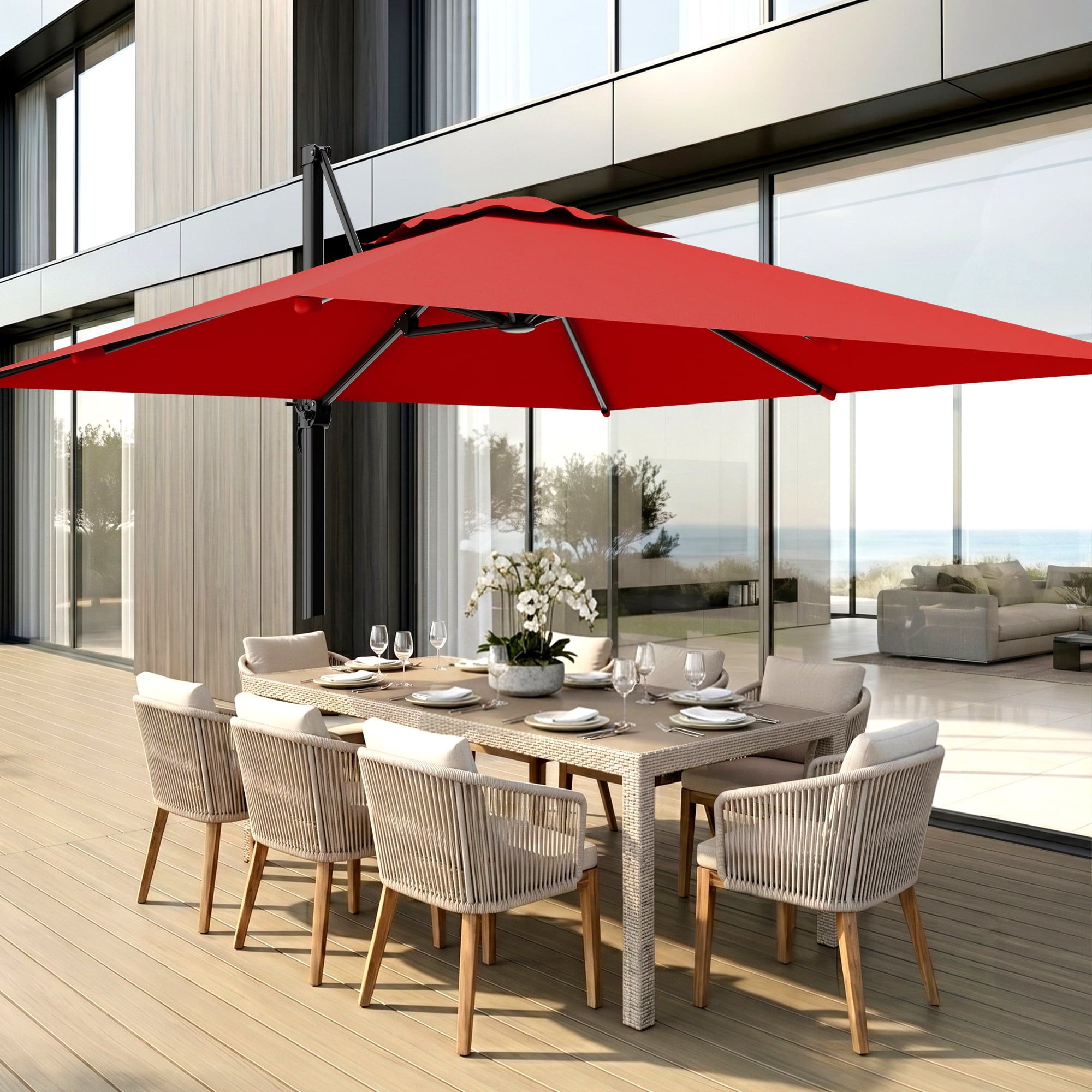 Easthome 10 × 10FT Square Cantilever Patio Umbrella, 360° Rotating Offset Umbrella with Crank, 8 ribs, Outdoor Hanging Roman Umbrella for Garden Deck Backyard, Red
