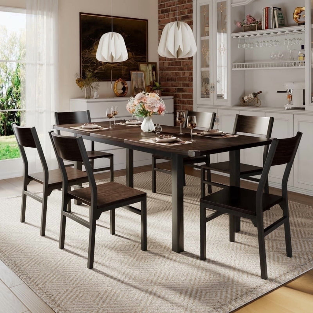 Virans 7-Piece Dining Table & Chairs Set for 4-6, 63 Extendable Kitchen Table with 6 Chairs, Dining Room Table with Metal Frame & MDF Board, Perfect for Small Space, Easy Assembly,Espresso