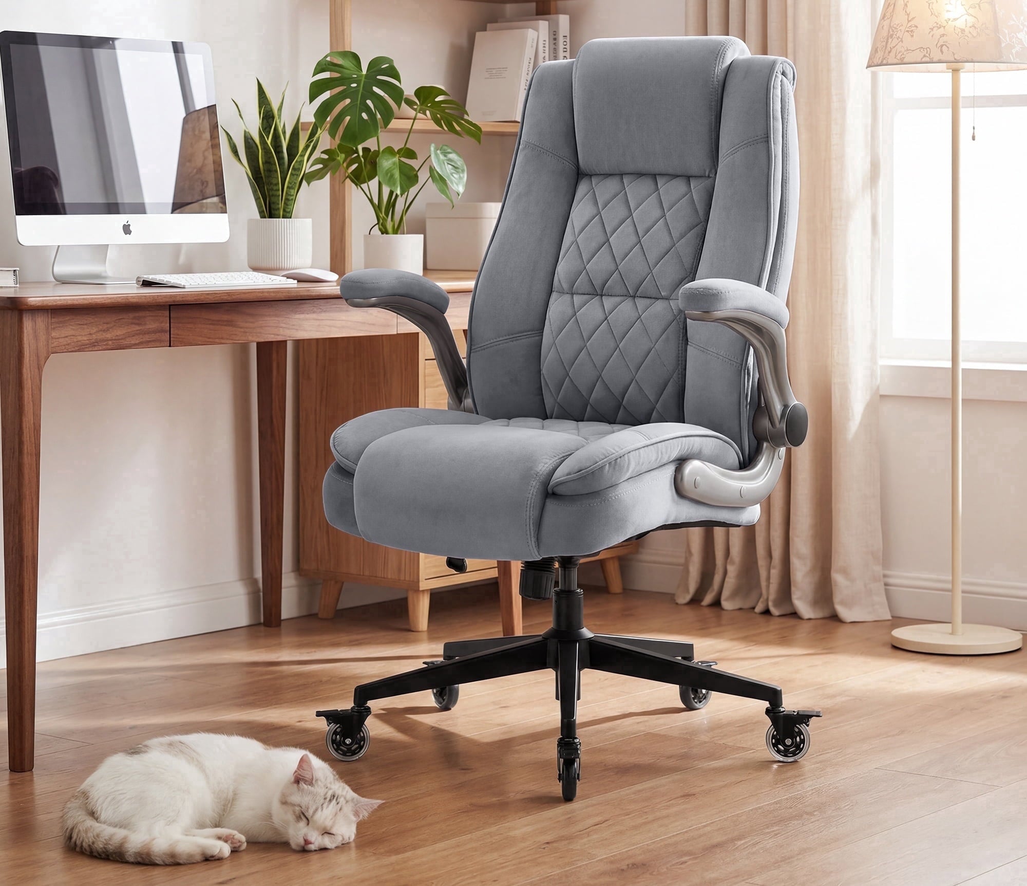 Ergonomic Home Office Chair with Locking Wheels, High-back Desk Chair with Thick Padded Flip-up Armrest, Comfy Executive Chair with Adjustable Lumbar Support for Home & Office & Work