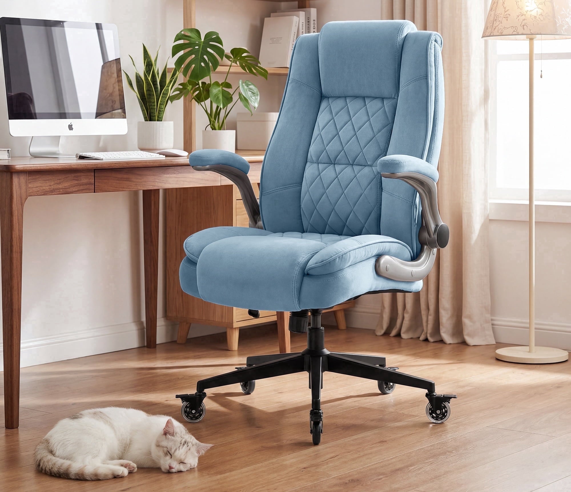 Ergonomic Home Office Chair with Locking Wheels, High-back Desk Chair with Thick Padded Flip-up Armrest, Comfy Executive Chair with Adjustable Lumbar Support for Home & Office & Work