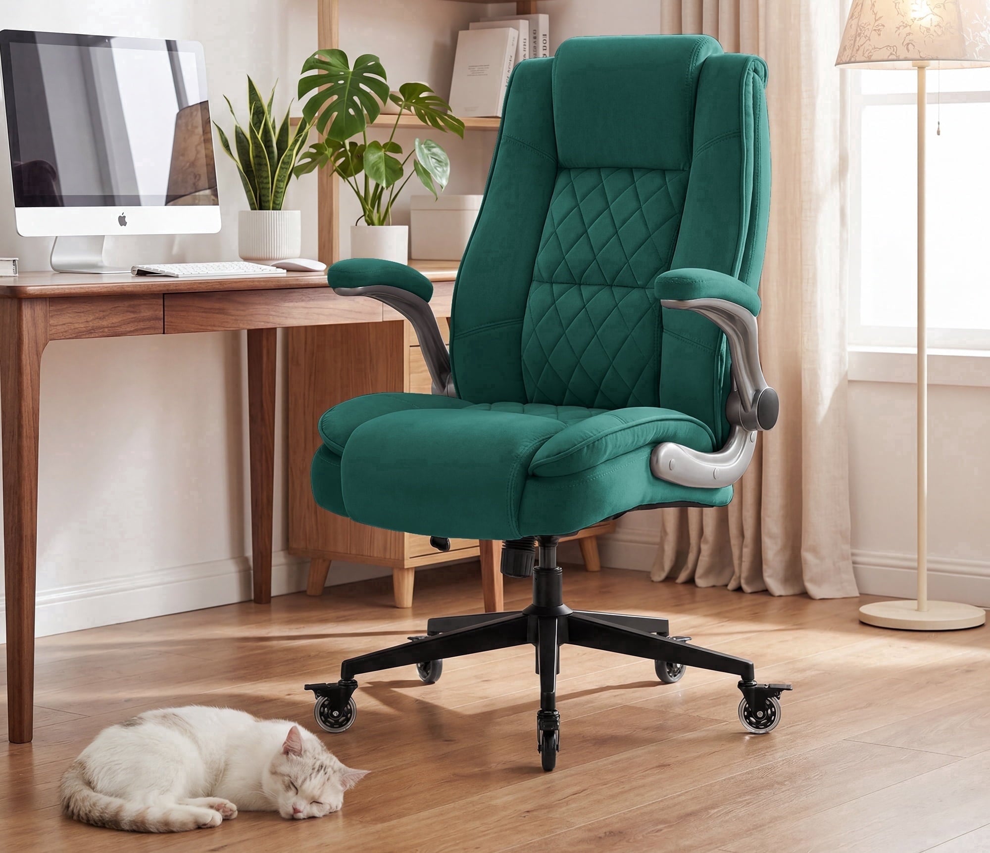 Ergonomic Home Office Chair with Locking Wheels, High-back Desk Chair with Thick Padded Flip-up Armrest, Comfy Executive Chair with Adjustable Lumbar Support for Home & Office & Work