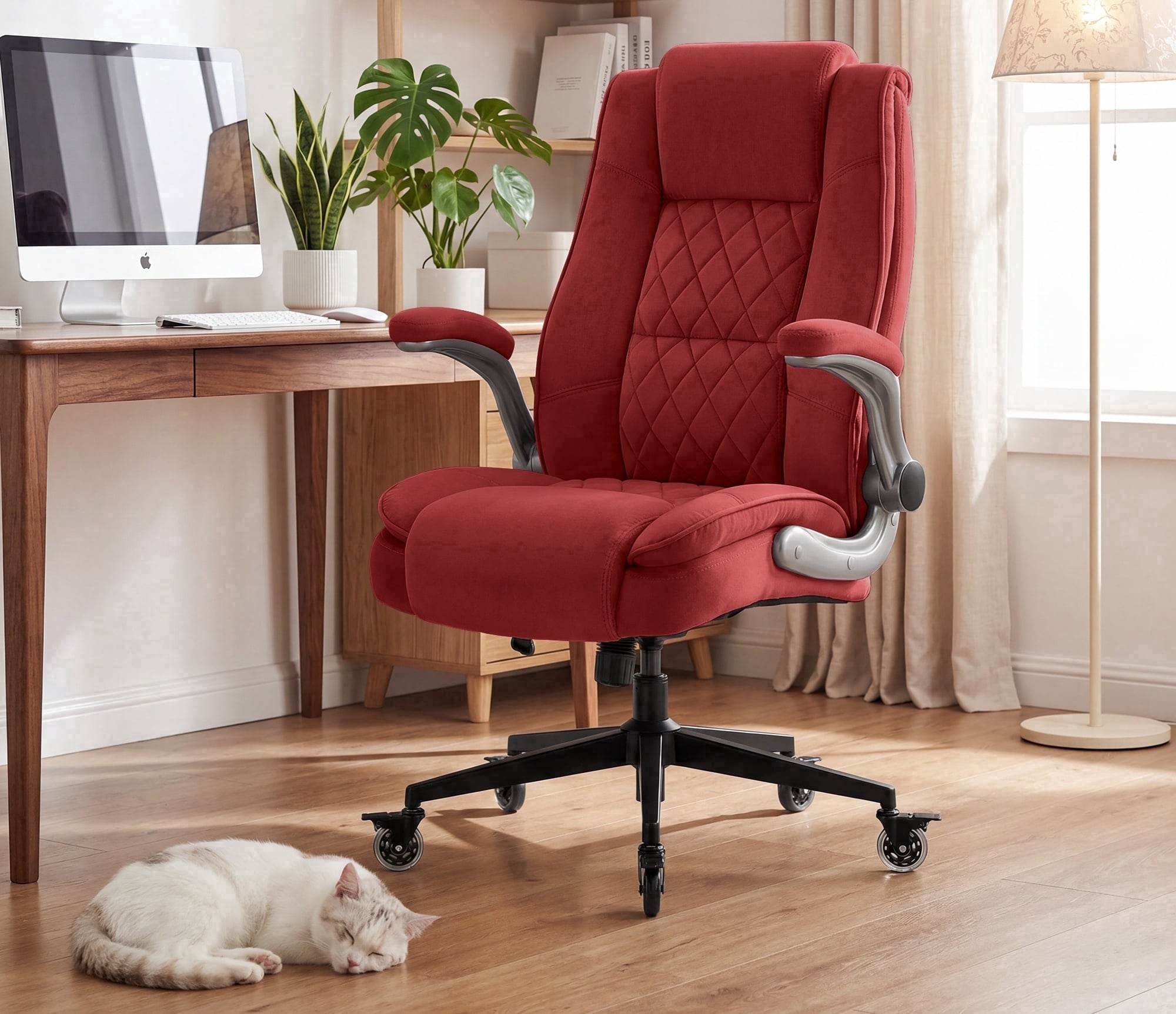 Ergonomic Home Office Chair with Locking Wheels, High-back Desk Chair with Thick Padded Flip-up Armrest, Comfy Executive Chair with Adjustable Lumbar Support for Home & Office & Work
