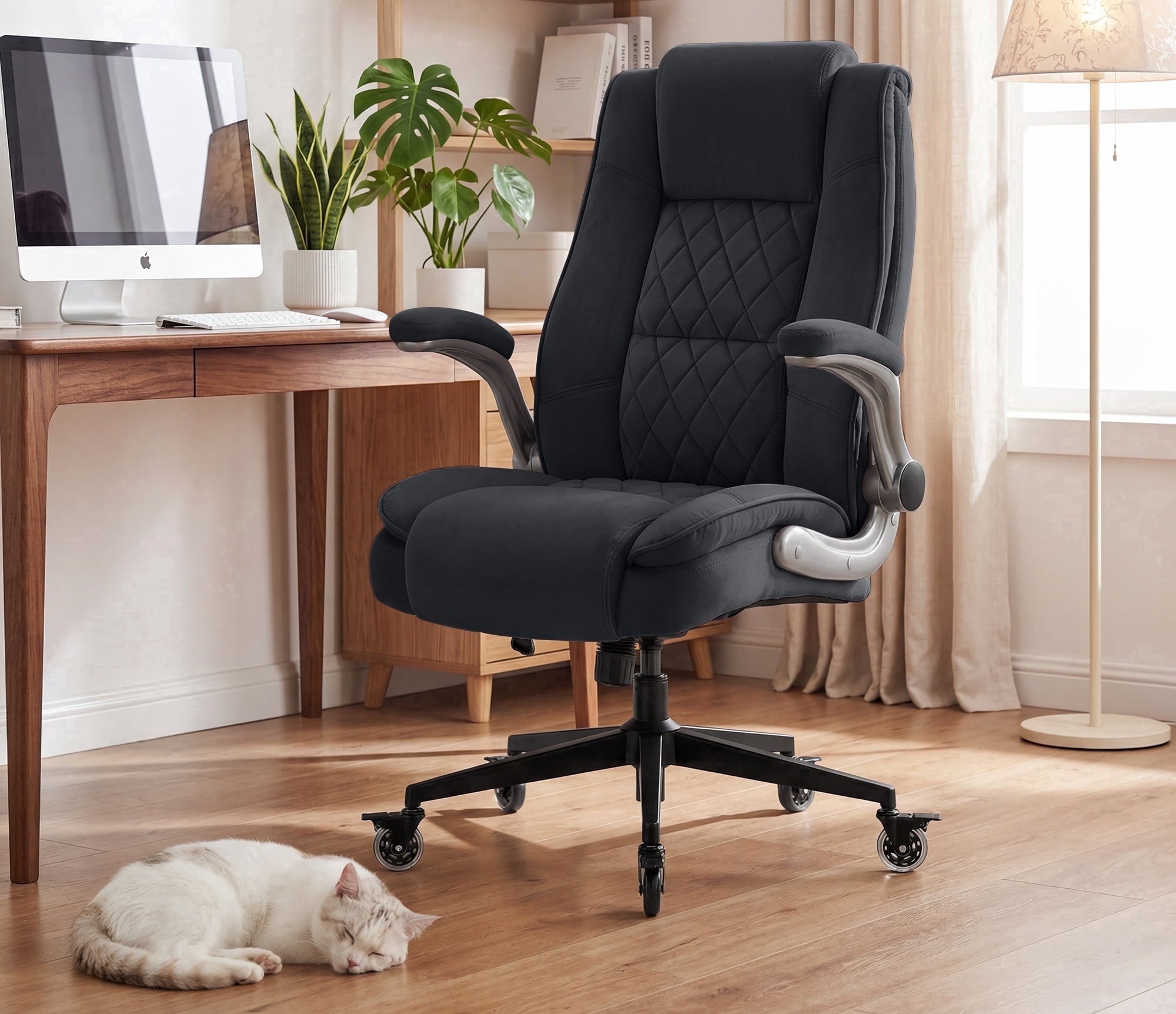 Ergonomic Home Office Chair with Locking Wheels, High-back Desk Chair with Thick Padded Flip-up Armrest, Comfy Executive Chair with Adjustable Lumbar Support for Home & Office & Work
