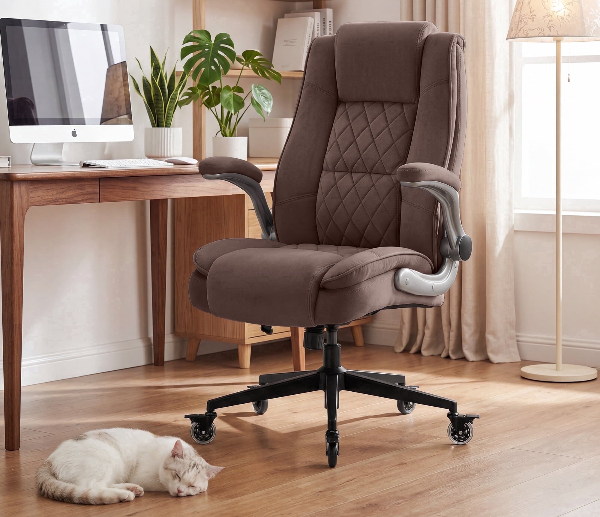 Ergonomic Home Office Chair with Locking Wheels, High-back Desk Chair with Thick Padded Flip-up Armrest, Comfy Executive Chair with Adjustable Lumbar Support for Home & Office & Work