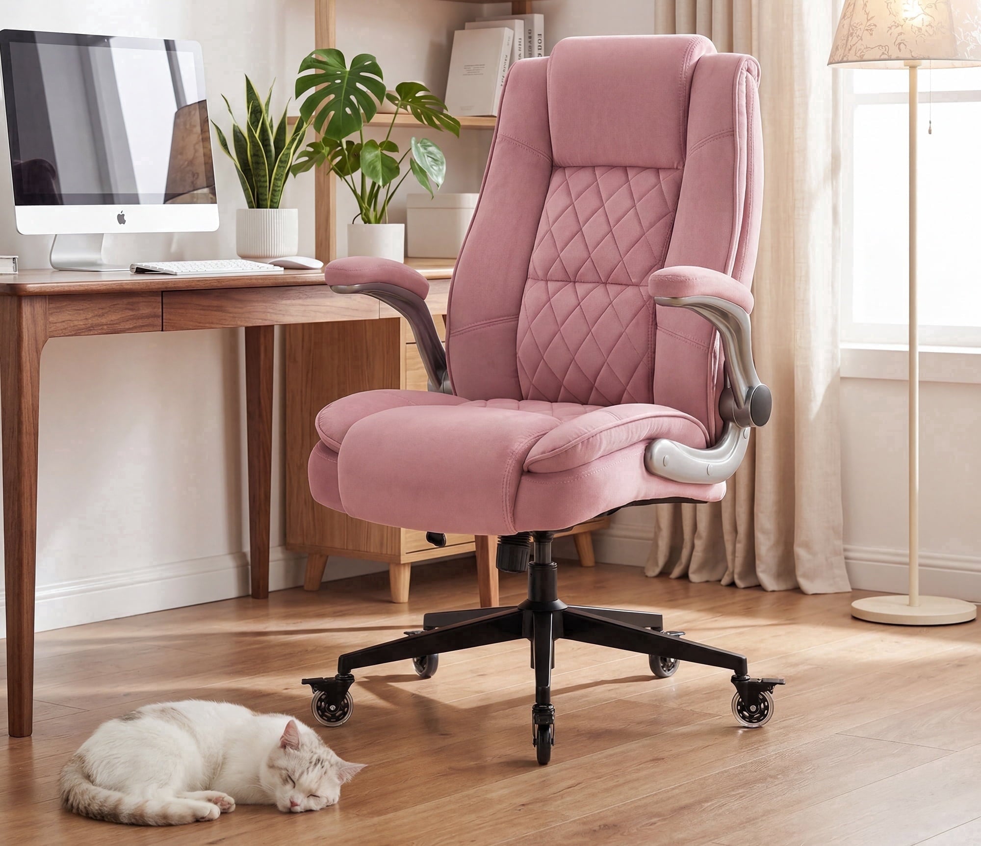 Ergonomic Home Office Chair with Locking Wheels, High-back Desk Chair with Thick Padded Flip-up Armrest, Comfy Executive Chair with Adjustable Lumbar Support for Home & Office & Work