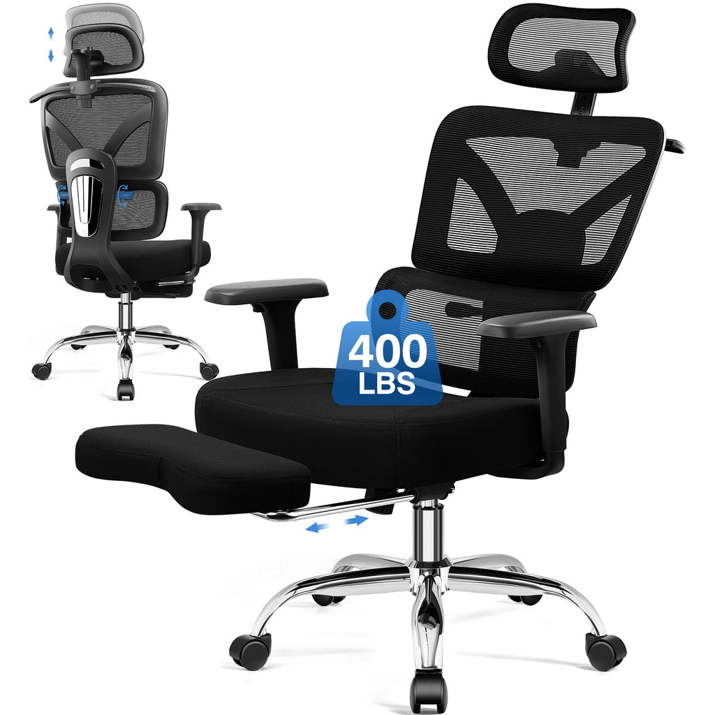 COOLHUT Ergonomic Mesh Office Chair with Footrest, Big and Tall Computer Desk Chair with Adjustable Lumbar Support, Headrest and Armrest, High Back Home Office Chair for Workspace, 300LBS, Black