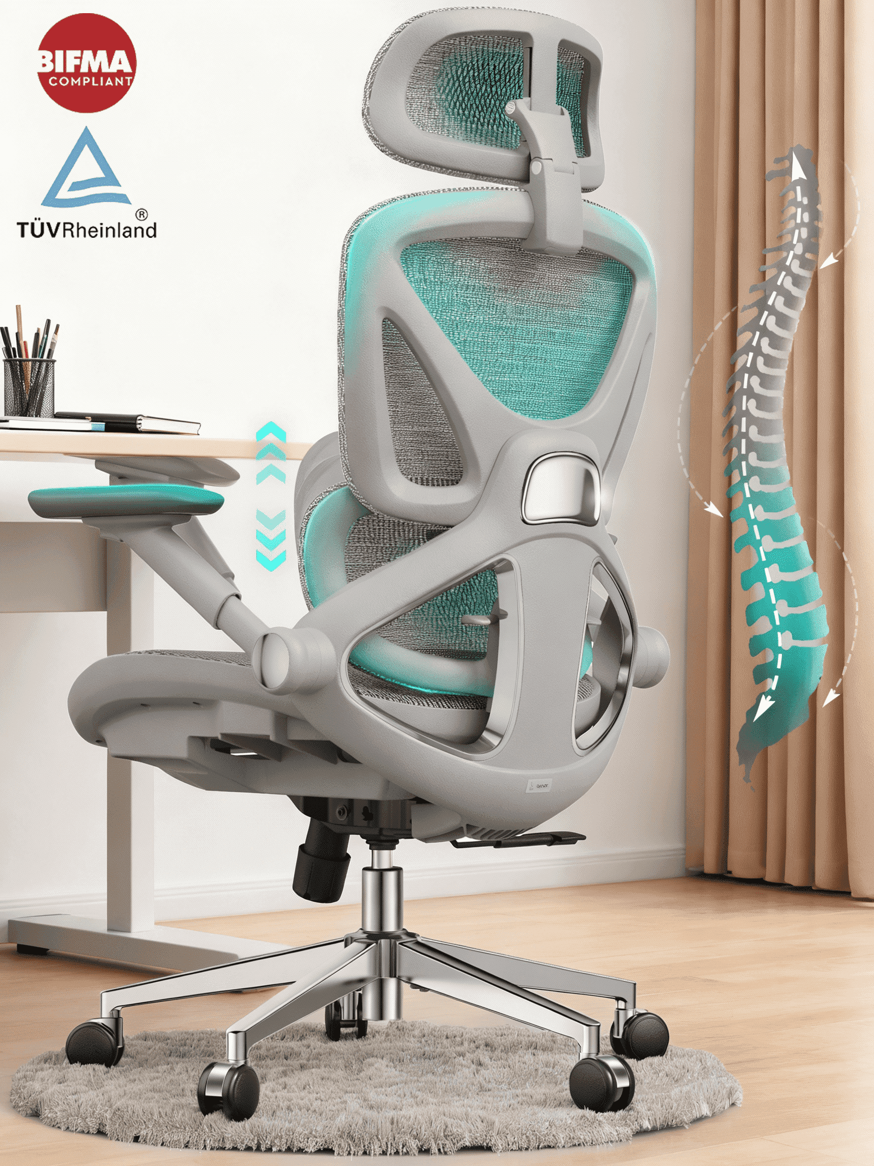 Ergonomic Mesh Office Chair with Adjustable Lumbar Support, Flip-Up Arms, Headrest, Swivel Task Chair for Home Office