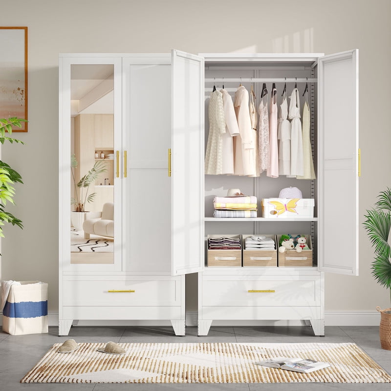 Ero Metal Freestanding Armoire Wardrobe Closet with Hanging Rod and Mirror