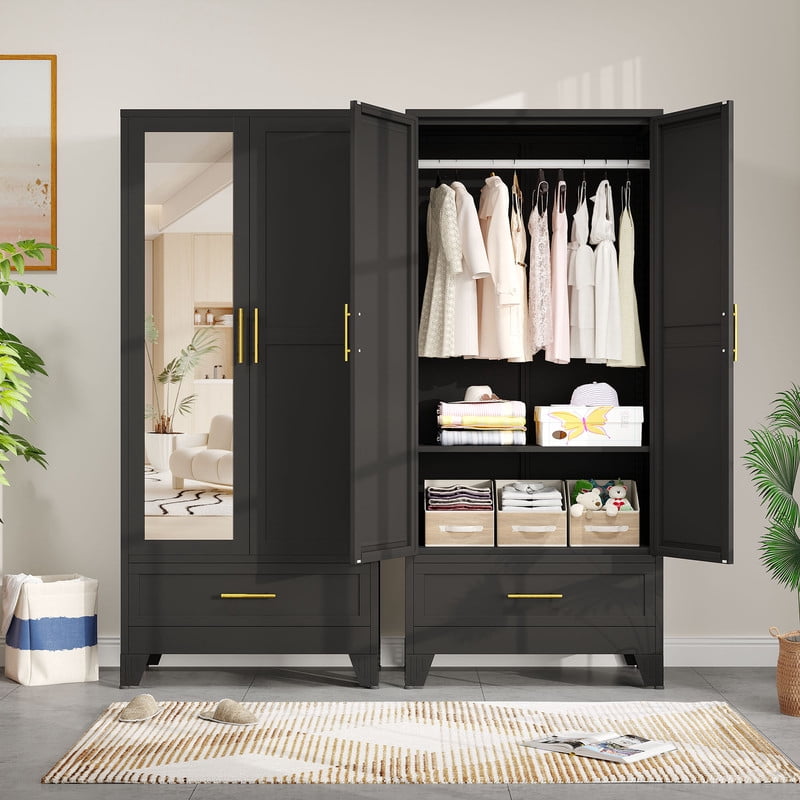Ero Metal Freestanding Armoire Wardrobe Closet with Hanging Rod and Mirror