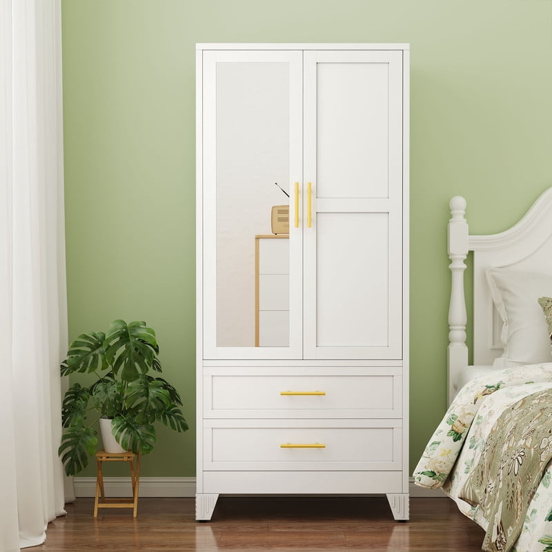 Ero Metal Freestanding Armoire Wardrobe Closet with Hanging Rod and Mirror