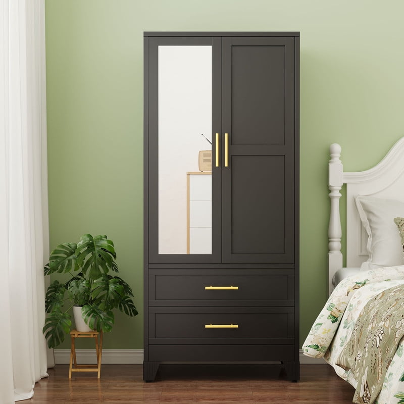 Ero Metal Freestanding Armoire Wardrobe Closet with Hanging Rod and Mirror