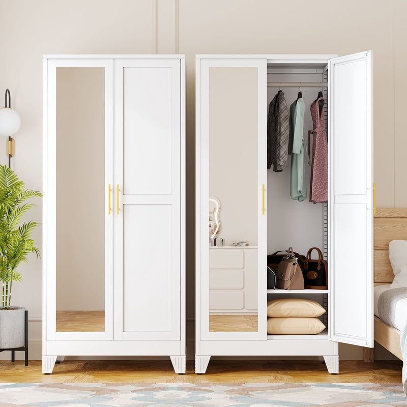 Ero Metal Freestanding Armoire Wardrobe Closet with Hanging Rod and Mirror