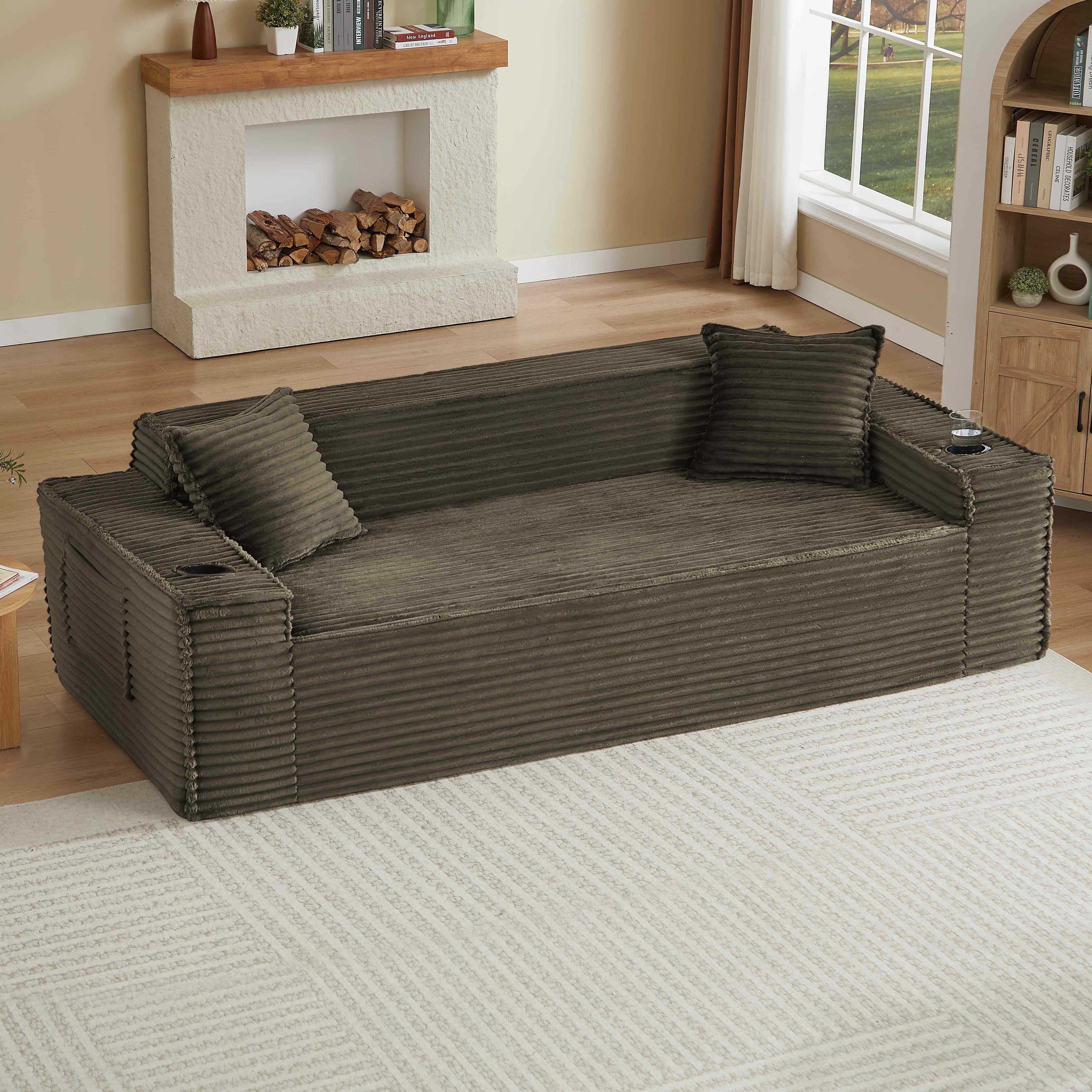 FFH 80.7 Corduroy Sofa, 3 Seater Boneless Cloud Couch for Small Living Rooms, Apartments and Offices, Black