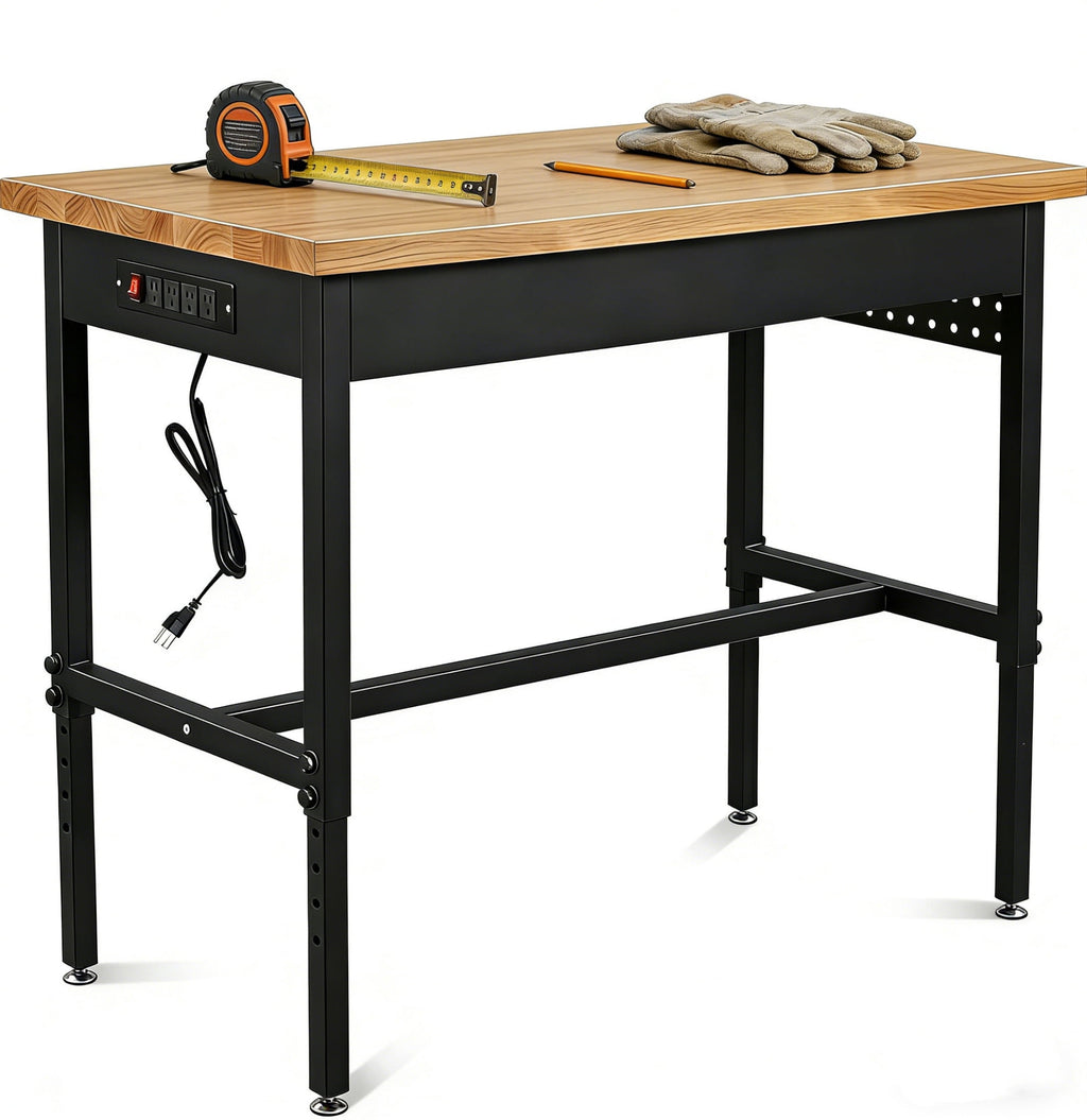 FFZ 70 Inch Adjustable Workbench with Power Outlet, Wheels and Hardwood Top, 70 x 22 x 29.6 inch, Black