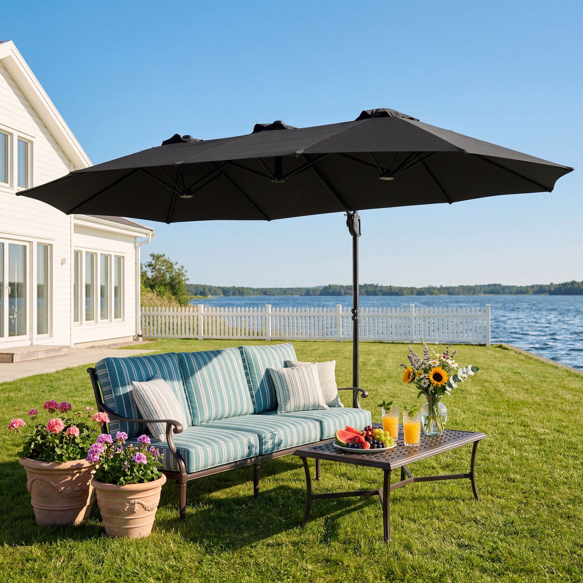 FOROUTIA 15ft Double-Sided Patio Umbrella, Large Rectangular Outdoor Market Umbrella with Crank, UV50+ Waterproof Twin Umbrella for Backyard, Poolside, Deck,Off-White