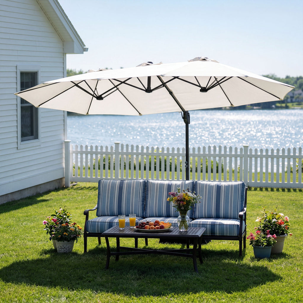 FOROUTIA 15ft Double-Sided Patio Umbrella, Large Rectangular Outdoor Market Umbrella with Crank, UV50+ Waterproof Twin Umbrella for Backyard, Poolside, Deck,Off-White