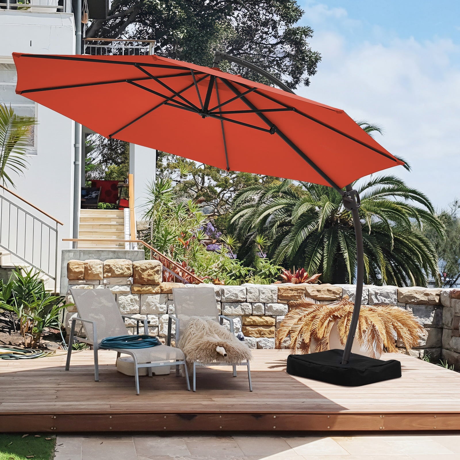 FUNDAZE 11ft Market Patio Umbrella with Base, Curved Cantilever Hanging Sun Shade with Crank & Tilt for Garden, Deck, Poolside,Beige