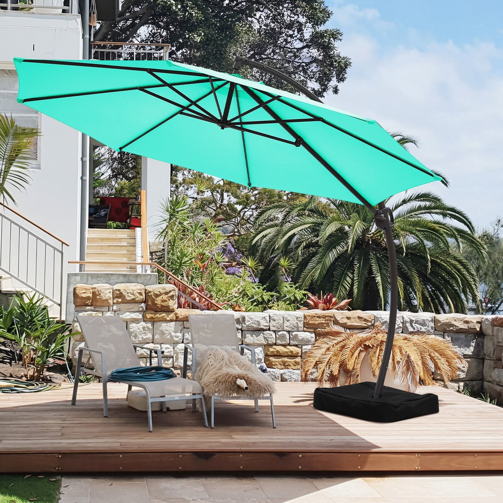 FUNDAZE 11ft Market Patio Umbrella with Base, Curved Cantilever Hanging Sun Shade with Crank & Tilt for Garden, Deck, Poolside,Beige