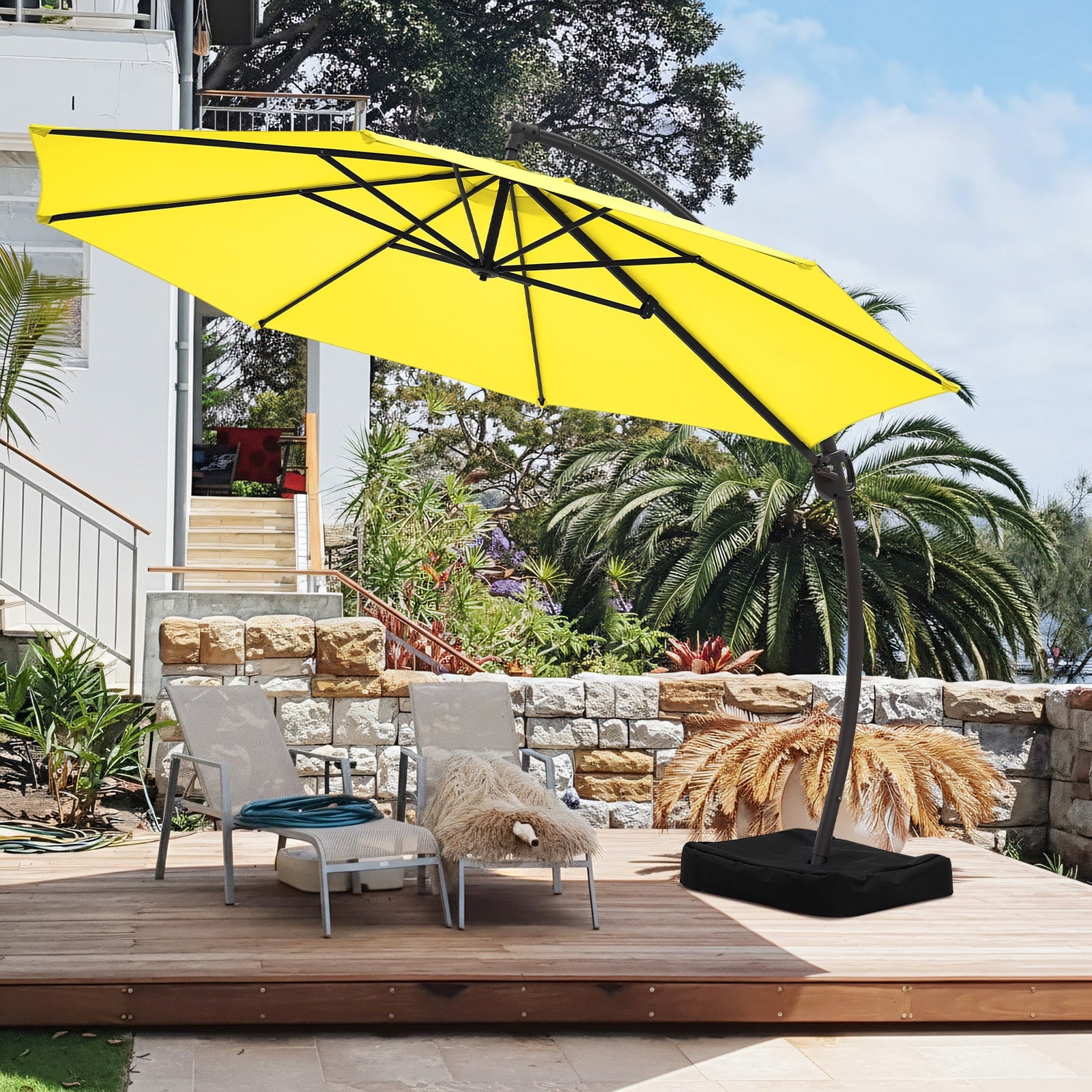 FUNDAZE 11ft Market Patio Umbrella with Base, Curved Cantilever Hanging Sun Shade with Crank & Tilt for Garden, Deck, Poolside,Beige