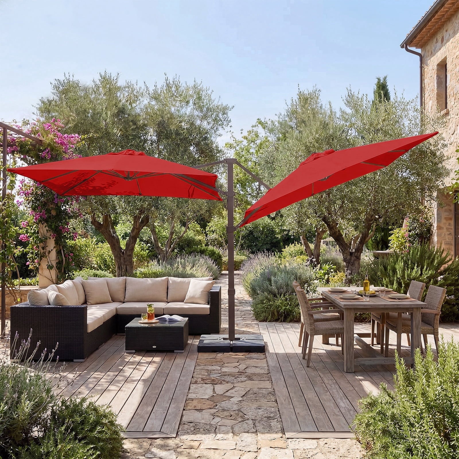 FUNDAZE 10x10ft Double Canopy Cantilever Umbrella, Patio Outdoor with Base & Cover, Waterproof UV Resistant for Garden Poolside Shade, Beige