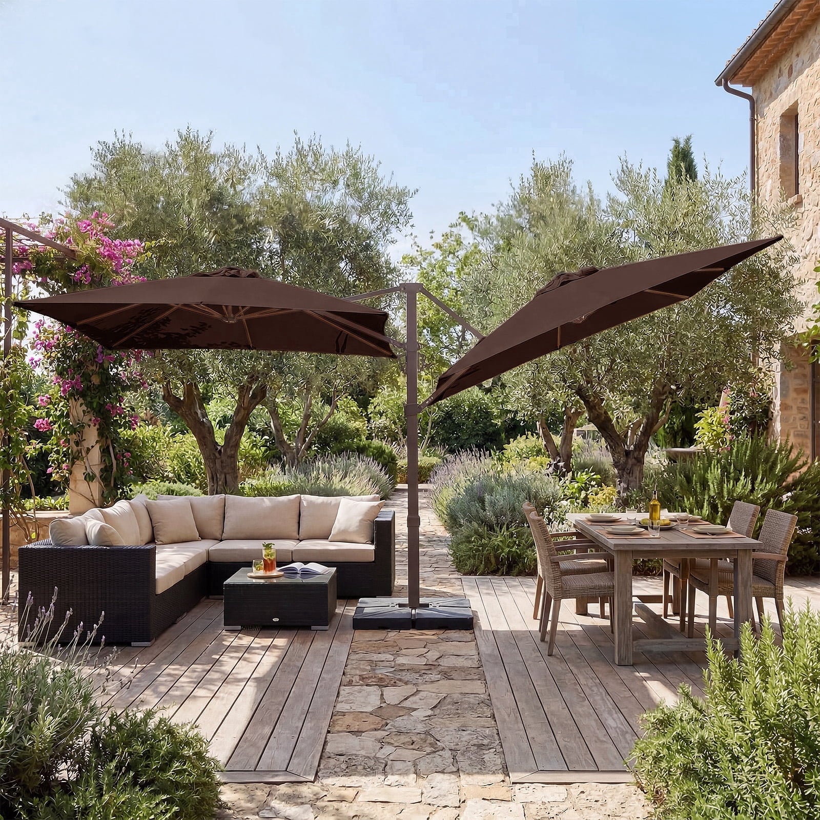 FUNDAZE 10x10ft Double Canopy Cantilever Umbrella, Patio Outdoor with Base & Cover, Waterproof UV Resistant for Garden Poolside Shade, Beige