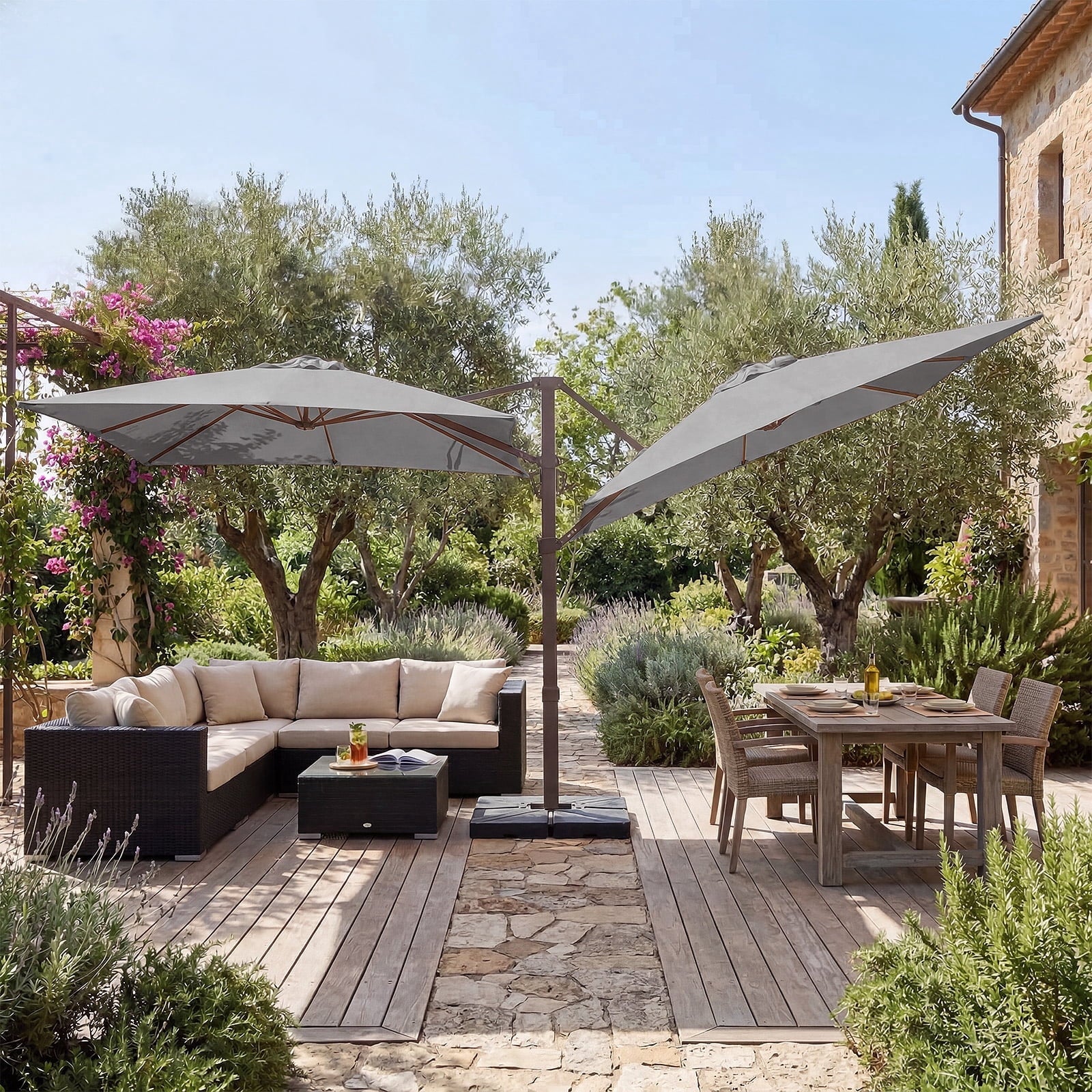 FUNDAZE 10x10ft Double Canopy Cantilever Umbrella, Patio Outdoor with Base & Cover, Waterproof UV Resistant for Garden Poolside Shade, Beige