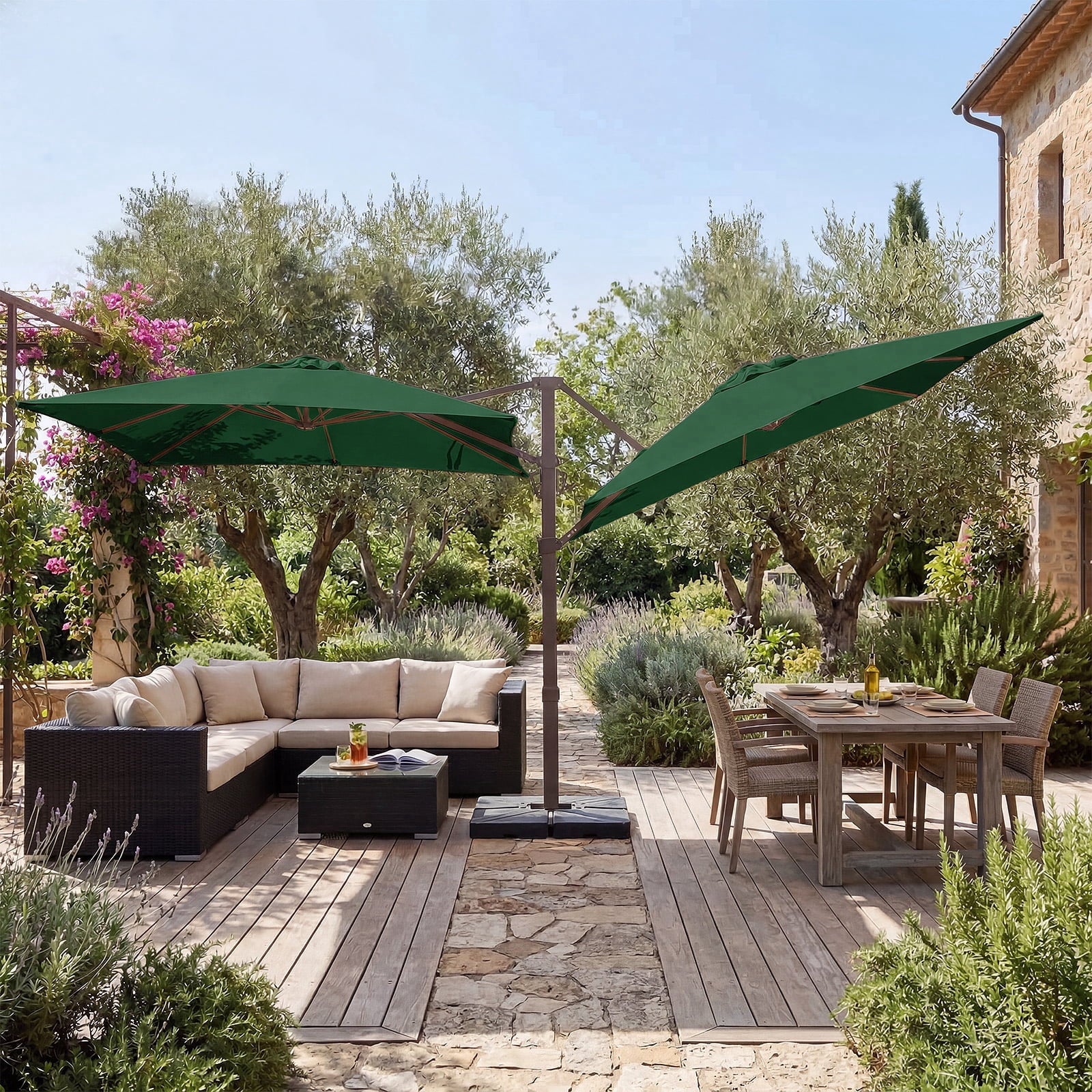FUNDAZE 10x10ft Double Canopy Cantilever Umbrella, Patio Outdoor with Base & Cover, Waterproof UV Resistant for Garden Poolside Shade, Beige
