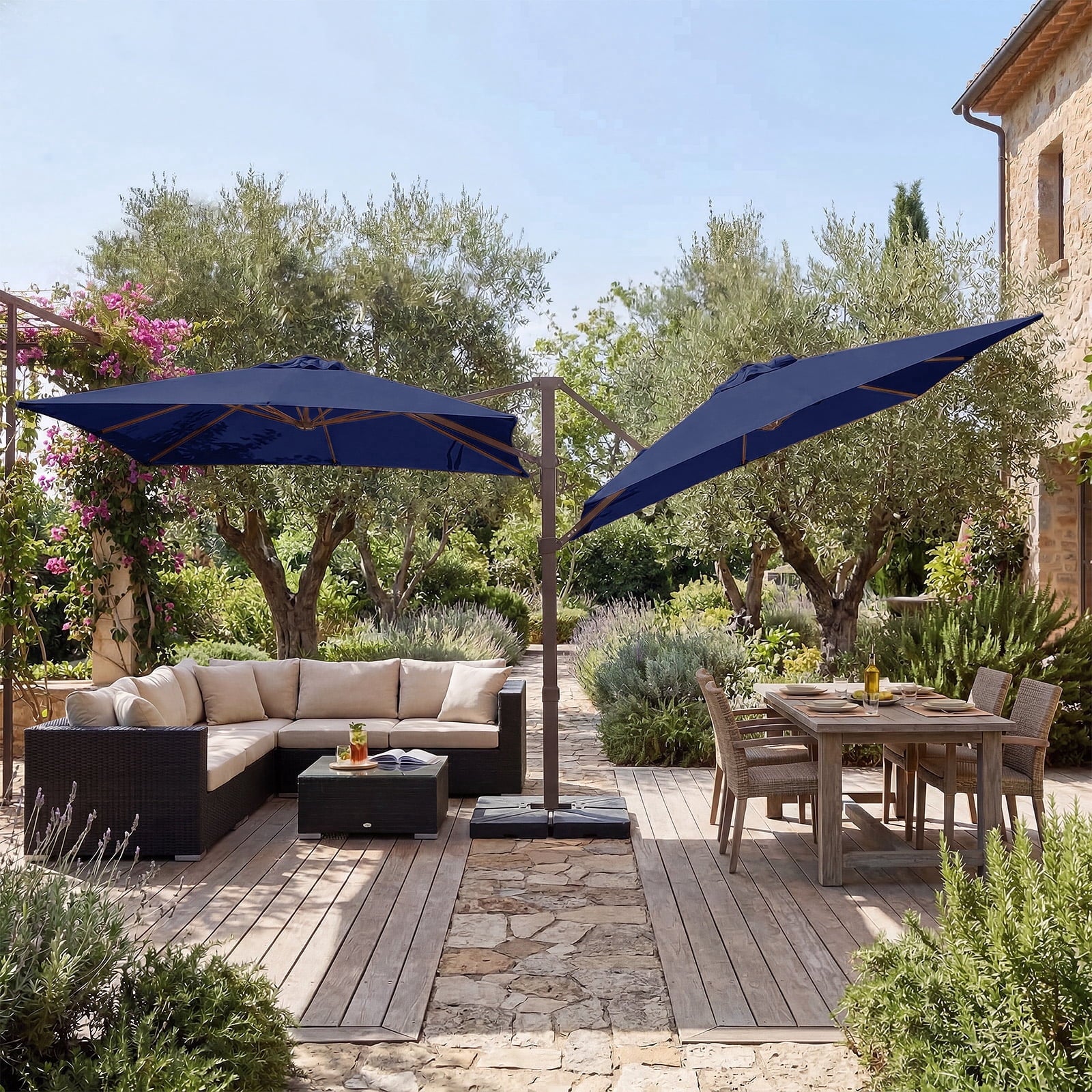 FUNDAZE 10x10ft Double Canopy Cantilever Umbrella, Patio Outdoor with Base & Cover, Waterproof UV Resistant for Garden Poolside Shade, Beige