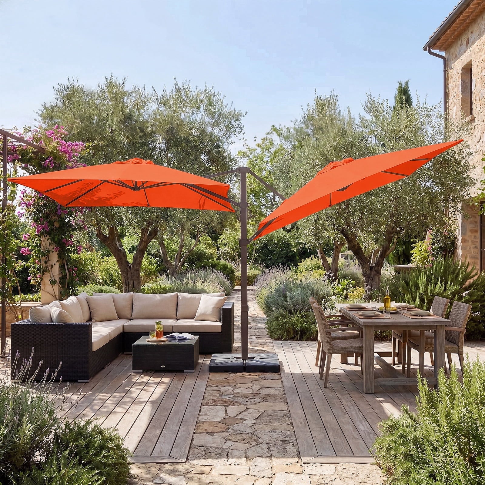 FUNDAZE 10x10ft Double Canopy Cantilever Umbrella, Patio Outdoor with Base & Cover, Waterproof UV Resistant for Garden Poolside Shade, Beige