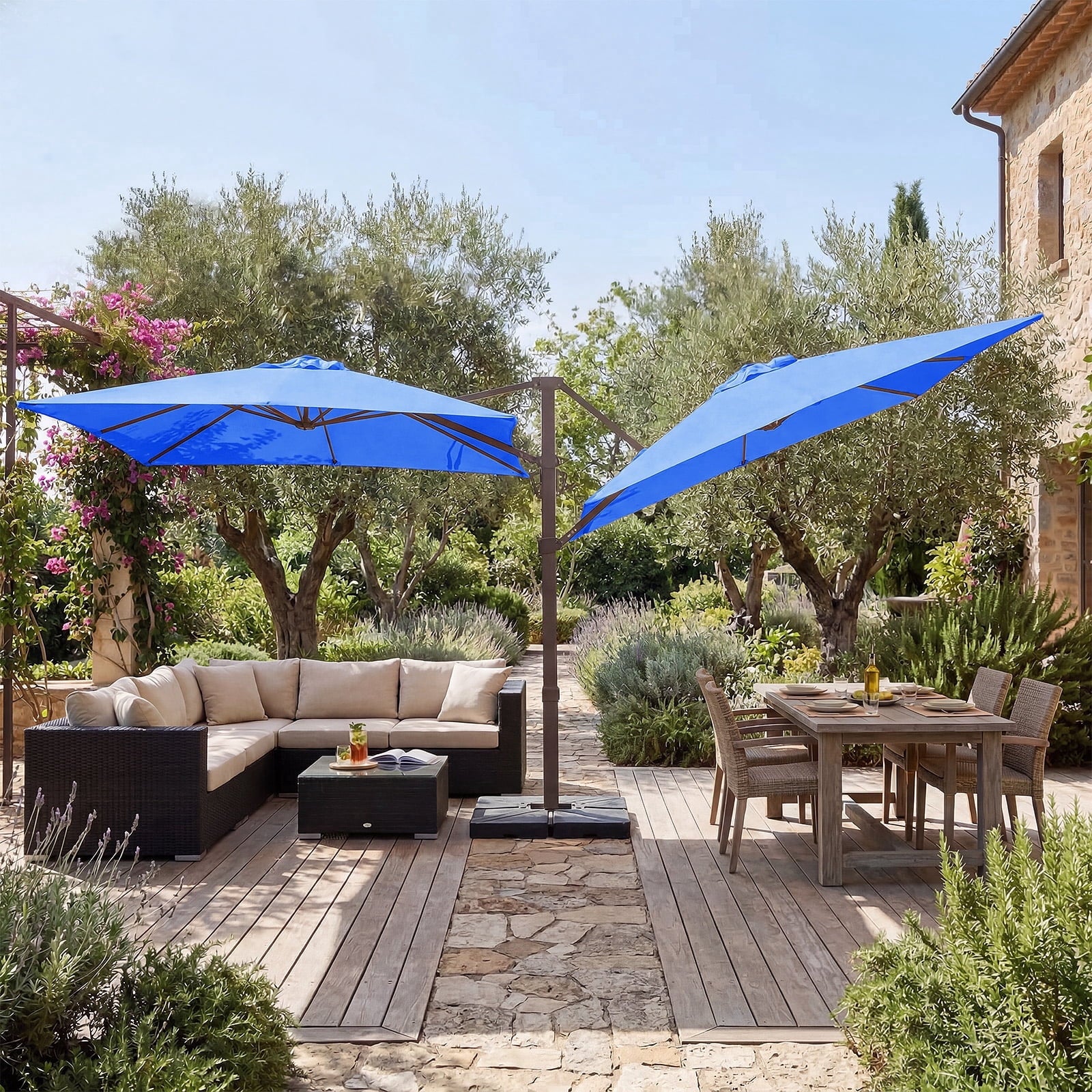 FUNDAZE 10x10ft Double Canopy Cantilever Umbrella, Patio Outdoor with Base & Cover, Waterproof UV Resistant for Garden Poolside Shade, Beige