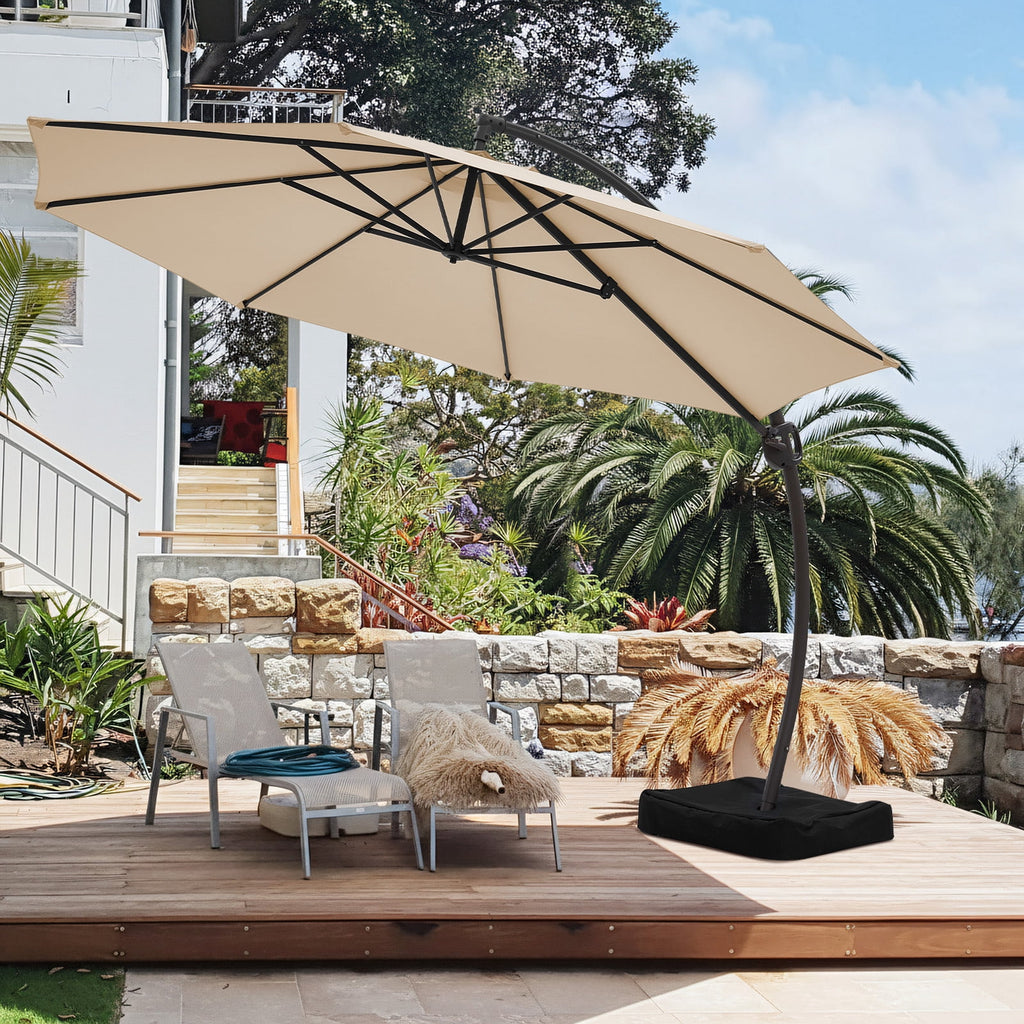 FUNDAZE 11ft Market Patio Umbrella with Base, Curved Cantilever Hanging Sun Shade with Crank & Tilt for Garden, Deck, Poolside,Beige