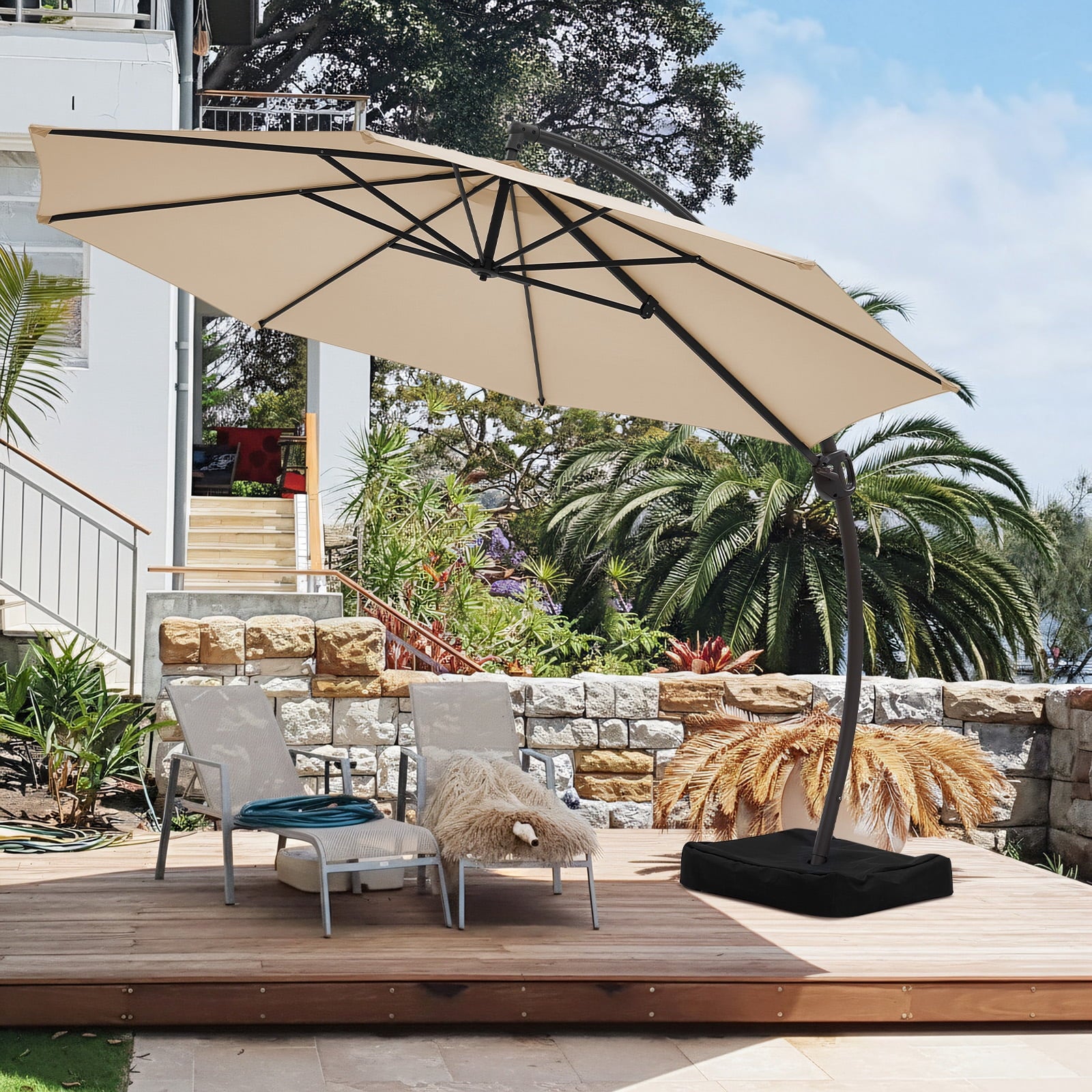 FUNDAZE 11ft Market Patio Umbrella with Base, Curved Cantilever Hanging Sun Shade with Crank & Tilt for Garden, Deck, Poolside,Beige
