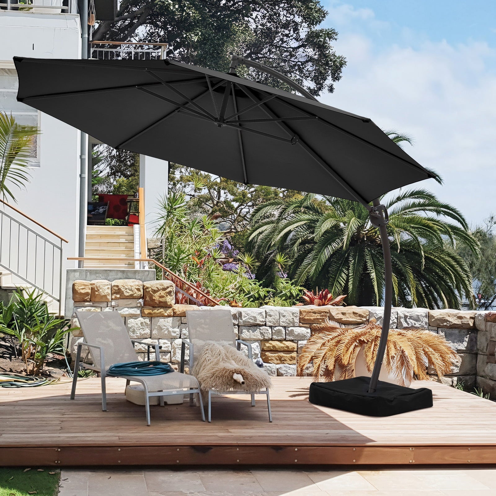 FUNDAZE 11ft Market Patio Umbrella with Base, Curved Cantilever Hanging Sun Shade with Crank & Tilt for Garden, Deck, Poolside,Beige