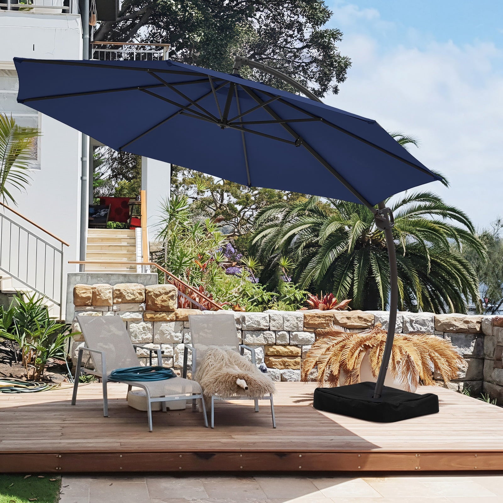FUNDAZE 11ft Market Patio Umbrella with Base, Curved Cantilever Hanging Sun Shade with Crank & Tilt for Garden, Deck, Poolside,Beige