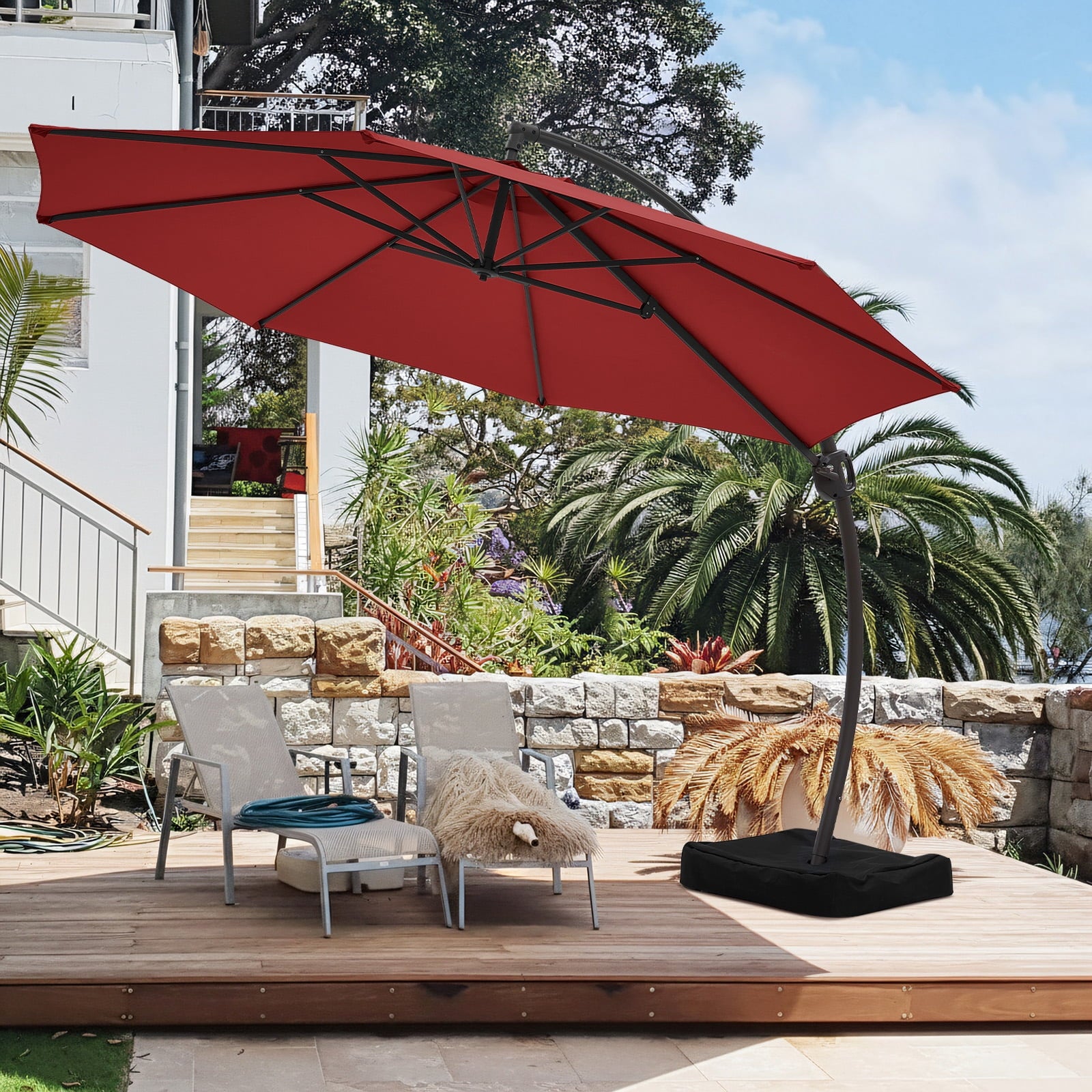 FUNDAZE 11ft Market Patio Umbrella with Base, Curved Cantilever Hanging Sun Shade with Crank & Tilt for Garden, Deck, Poolside,Beige