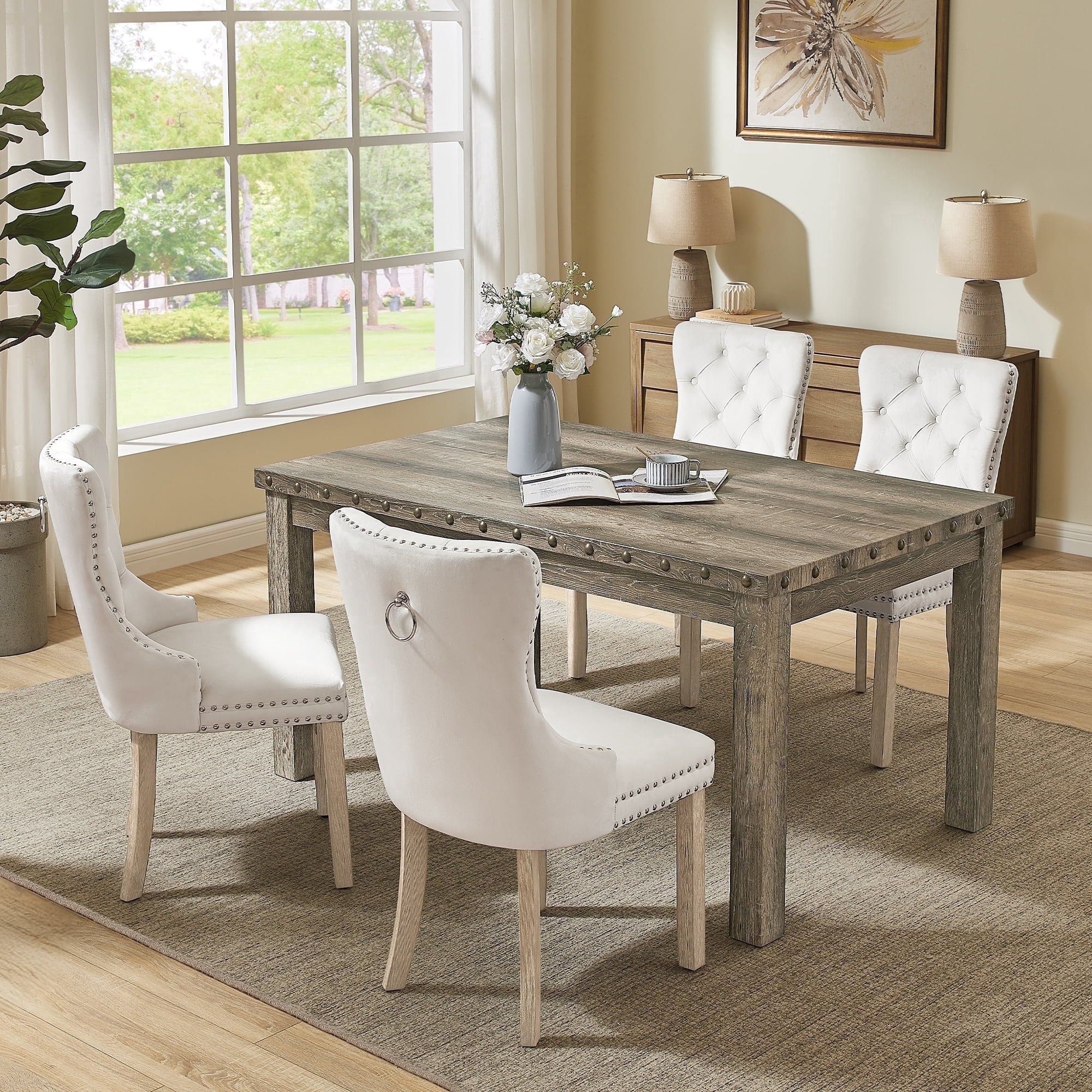 Farmhouse Dining Table Set for 6, Rectangular Wooden Table& 6 Upholstered Kitchen Chairs with Nailhead Accents for Dining Hub,Breakfast Nook