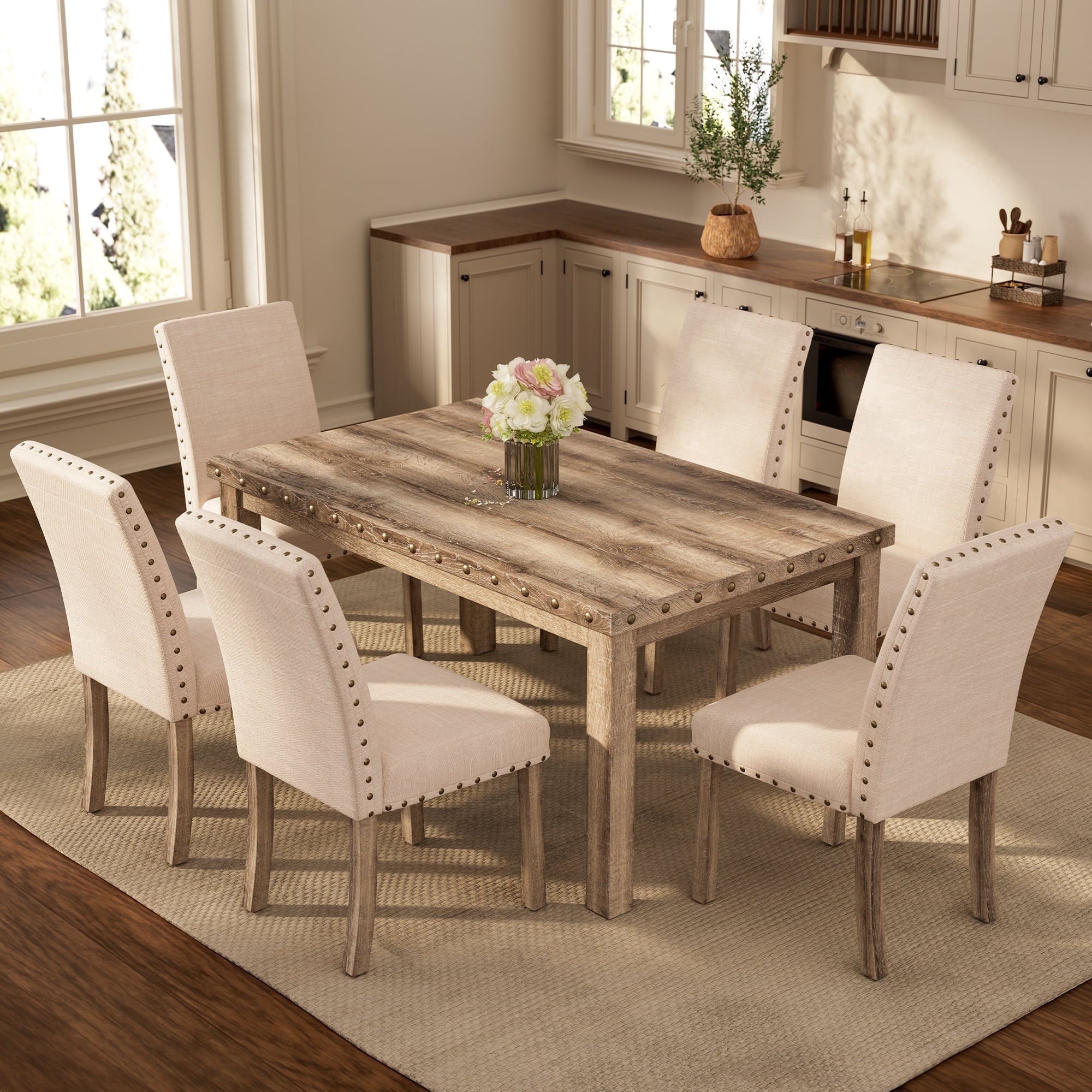 Farmhouse Dining Table Set for 6, Rectangular Wooden Table& 6 Upholstered Kitchen Chairs with Nailhead Accents for Dining Hub,Breakfast Nook