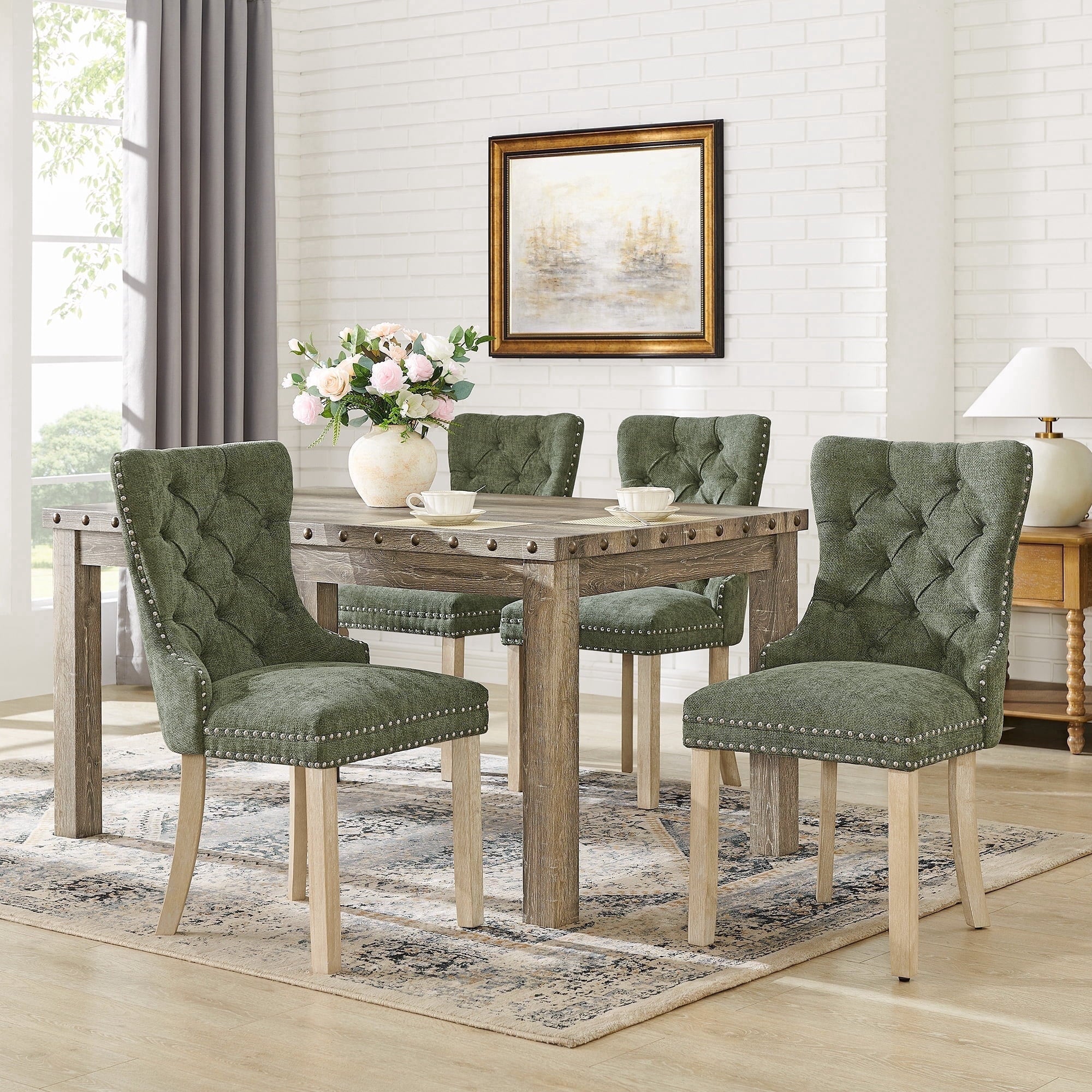 Farmhouse Dining Table Set for 6, Rectangular Wooden Table& 6 Upholstered Kitchen Chairs with Nailhead Accents for Dining Hub,Breakfast Nook
