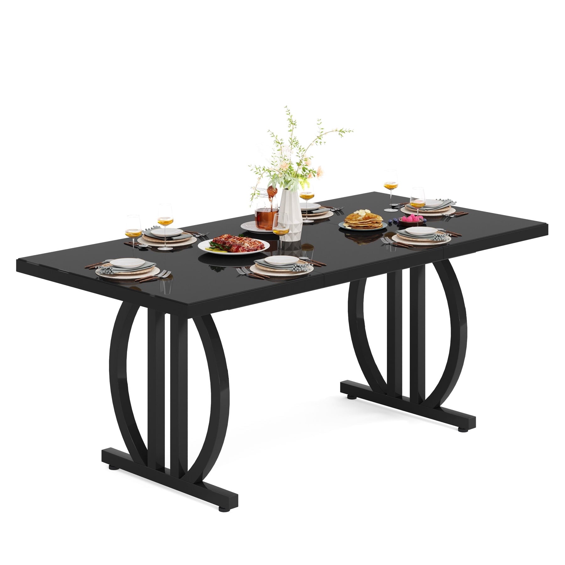 Fnova 63 Modern Dining Table for 6-8 People, Rectangular Kitchen Table with Sturdy Metal Frame, Dinner Table for Dining Room, Kitchen, Living Room, Home Office, Apartment