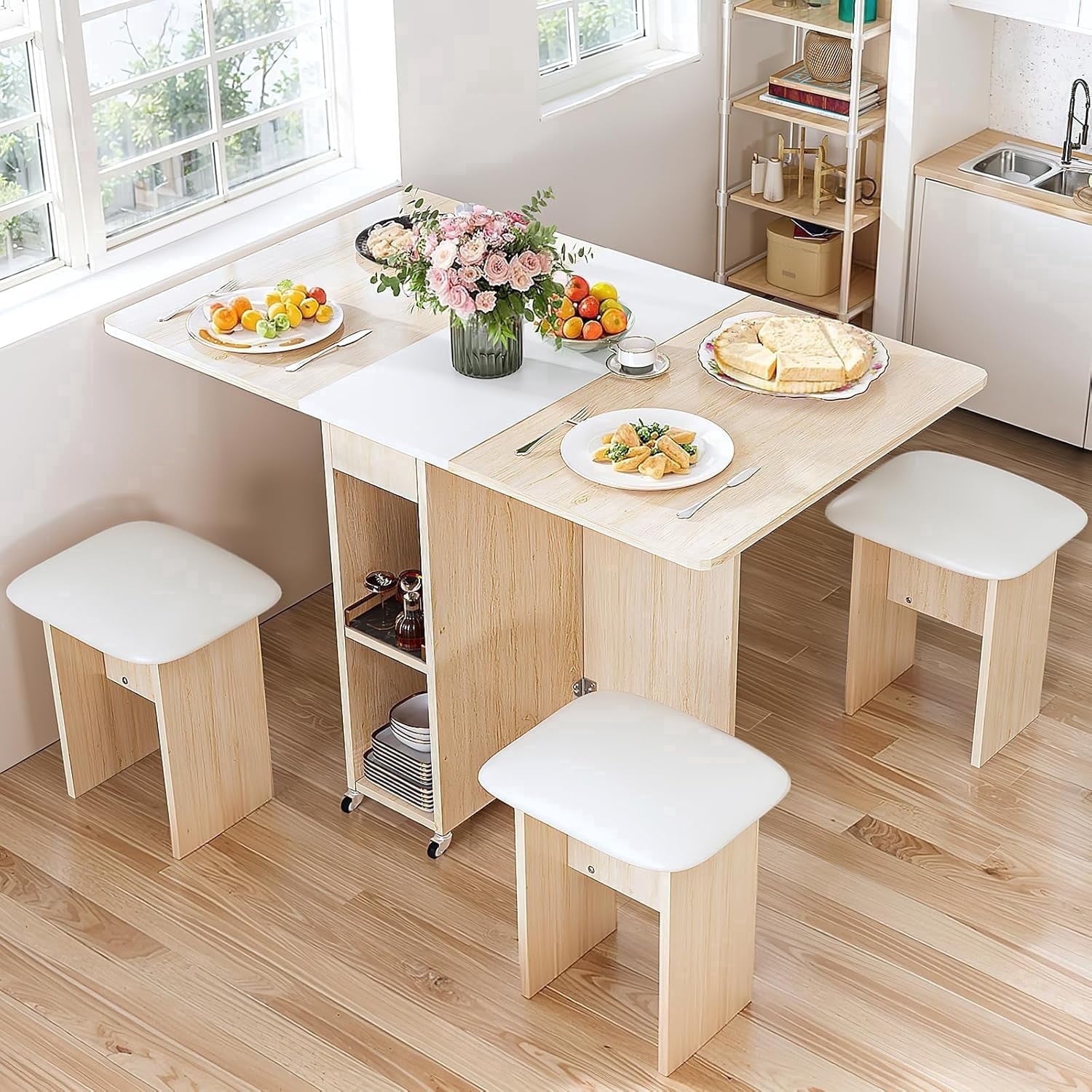 MIERES Folding Dining Table Set for 4, Dinner Table with 4 Leather Chairs and Shelves, Space Saving Foldable Dining Table with 6 Wheels, Kitchen Table for Small Spaces (Grey)