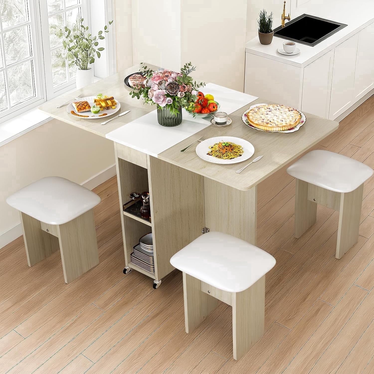 MIERES Folding Dining Table Set for 4, Dinner Table with 4 Leather Chairs and Shelves, Space Saving Foldable Dining Table with 6 Wheels, Kitchen Table for Small Spaces (Grey)