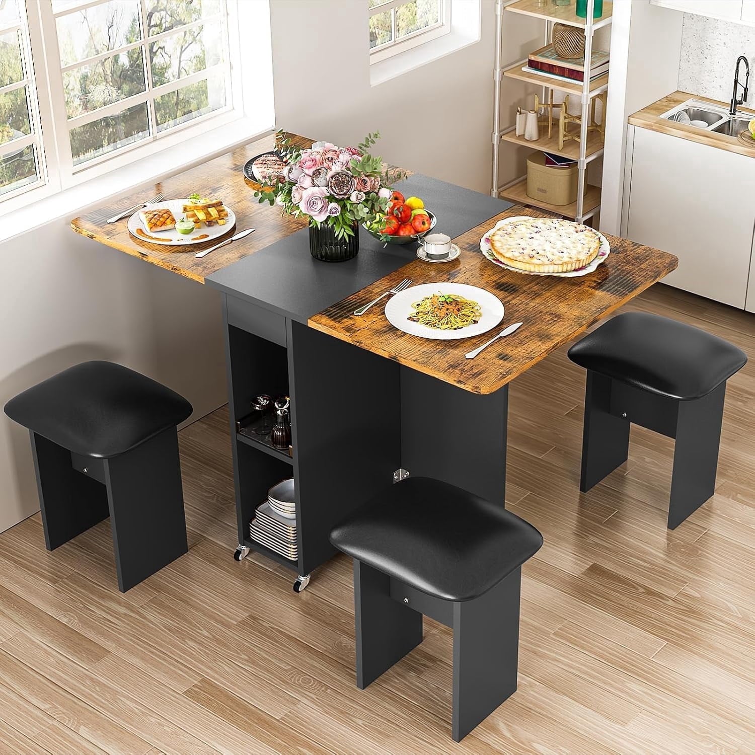 MIERES Folding Dining Table Set for 4, Dinner Table with 4 Leather Chairs and Shelves, Space Saving Foldable Dining Table with 6 Wheels, Kitchen Table for Small Spaces (Grey)