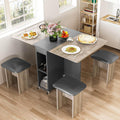 MIERES Folding Dining Table Set for 4, Dinner Table with 4 Leather Chairs and Shelves, Space Saving Foldable Dining Table with 6 Wheels, Kitchen Table for Small Spaces (Grey)