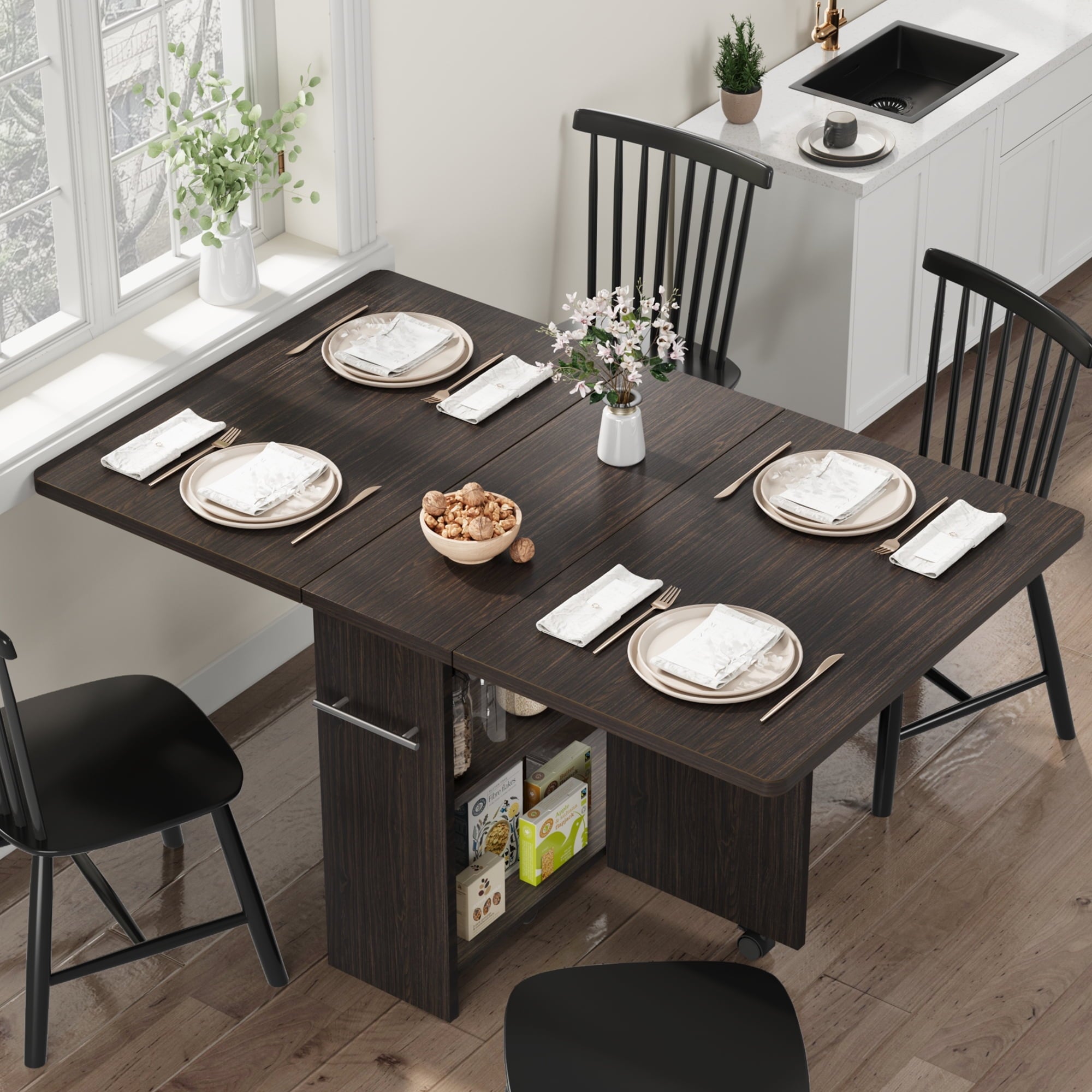Folding Dining Table with 2 Tier Storage, Extendable Kitchen Table, Drop Leaf Table, Rectangle Dining Room Tables Set for 4, Space Saving Collapsible Expandable Dinner Kitchen Office Furniture