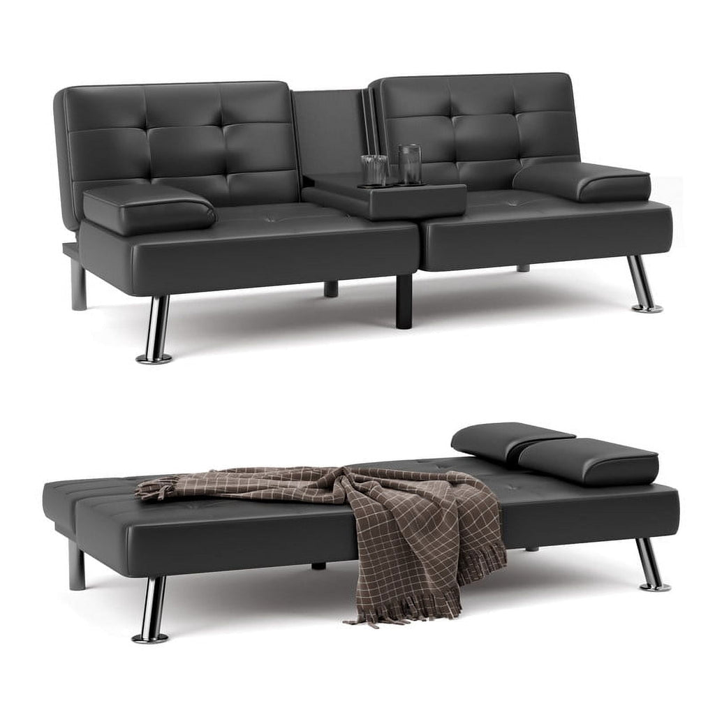 Furmax 3-in-1 Futon Sofa Bed Convertible Couch – Faux Leather Recliner with Cup Holders for Living Room, Apartment & Small Space, Black