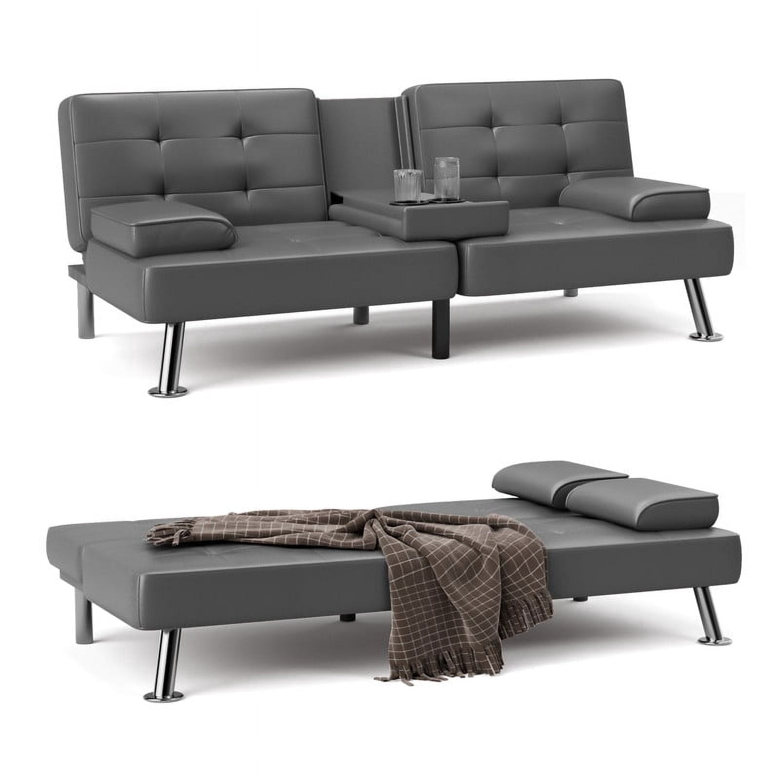 Furmax 3-in-1 Futon Sofa Bed Convertible Couch – Faux Leather Recliner with Cup Holders for Living Room, Apartment & Small Space, Black