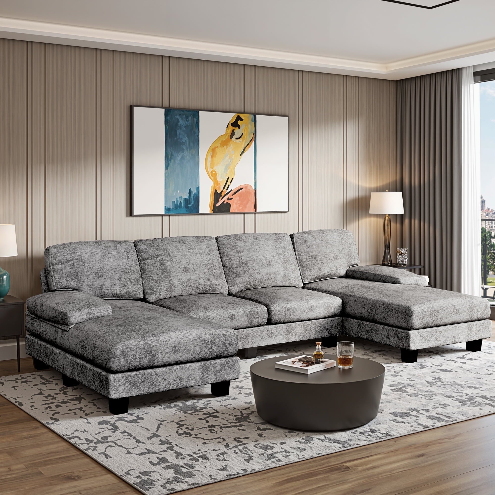 Furmax Chenille U Shaped Sectional Sofa, Gray